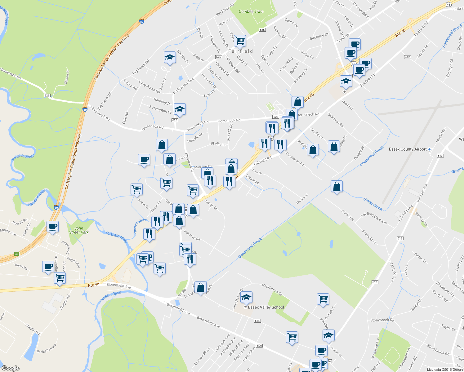map of restaurants, bars, coffee shops, grocery stores, and more near 4 Fairfield Road in Fairfield