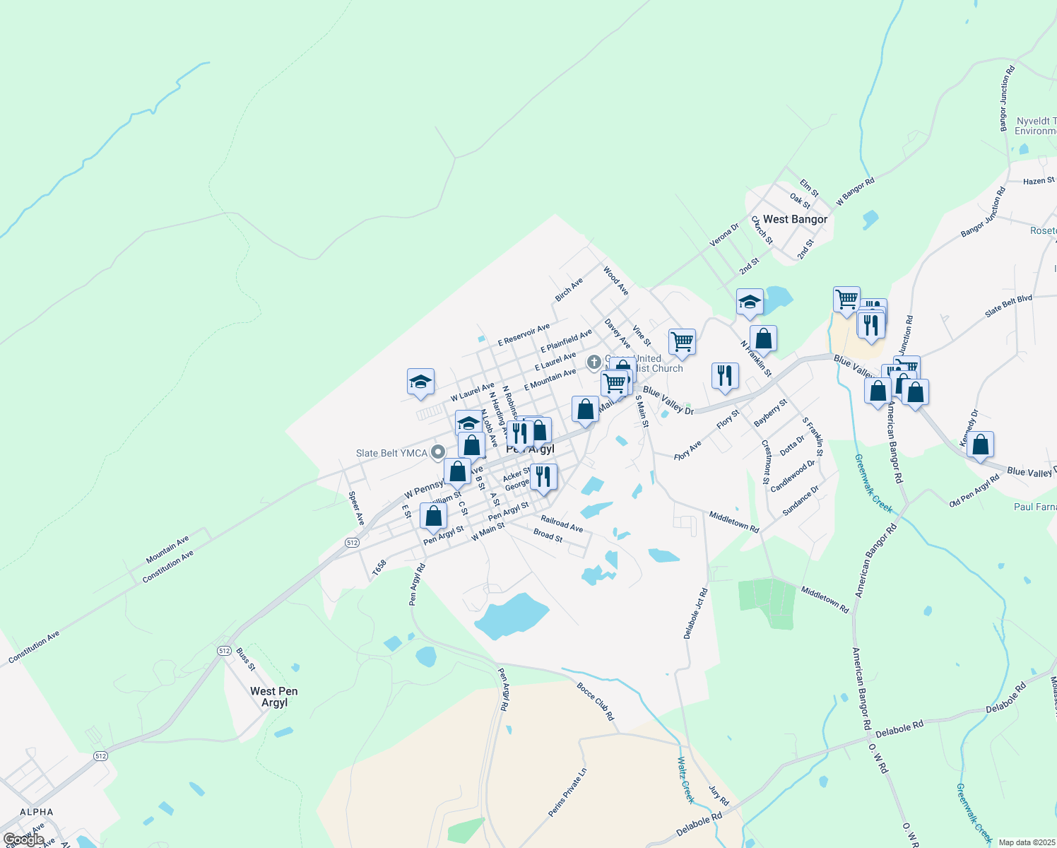map of restaurants, bars, coffee shops, grocery stores, and more near 10 East Babbitt Avenue in Pen Argyl