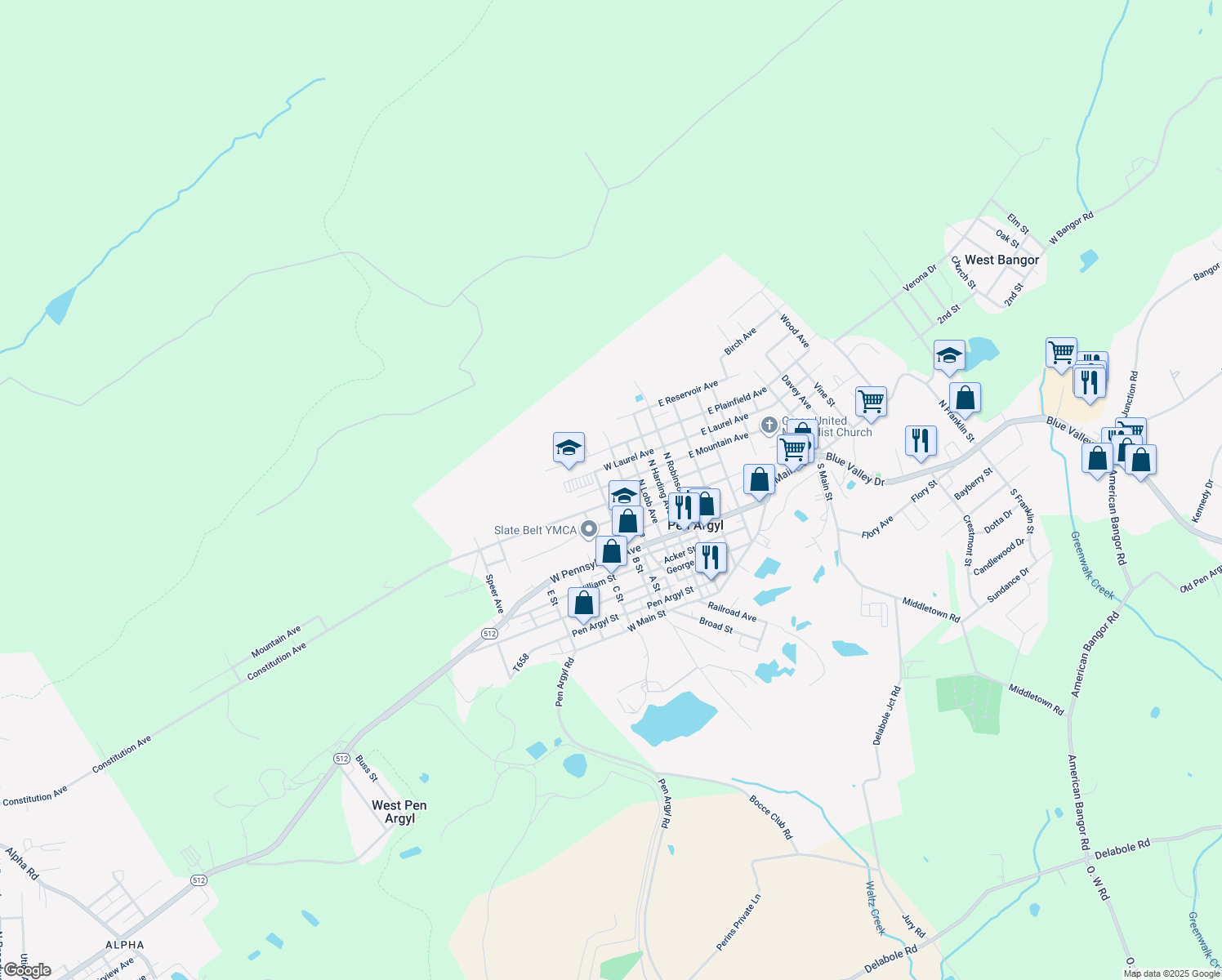 map of restaurants, bars, coffee shops, grocery stores, and more near 416 W Mountain Ave in Pen Argyl