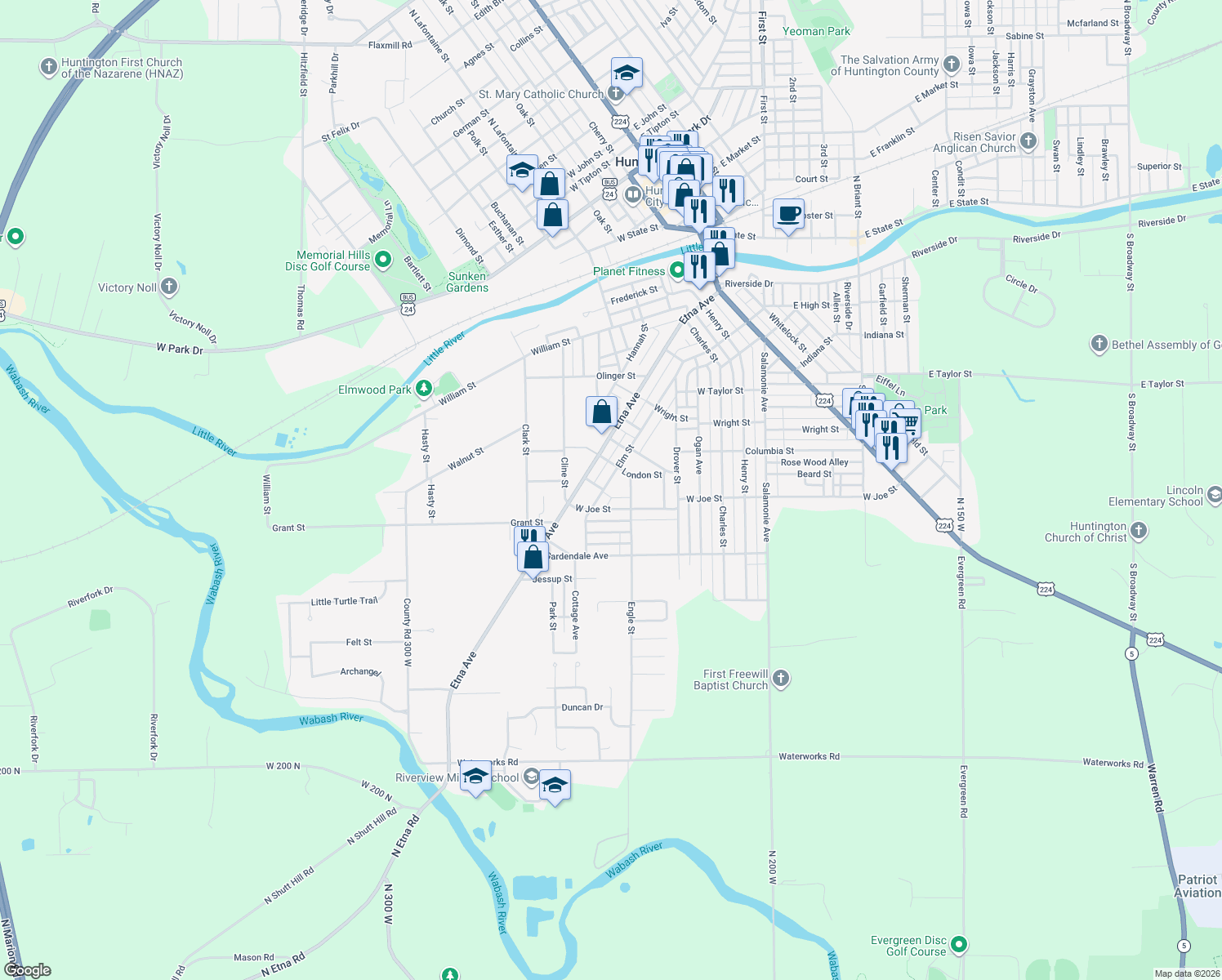 map of restaurants, bars, coffee shops, grocery stores, and more near 1163 Elm Street in Huntington