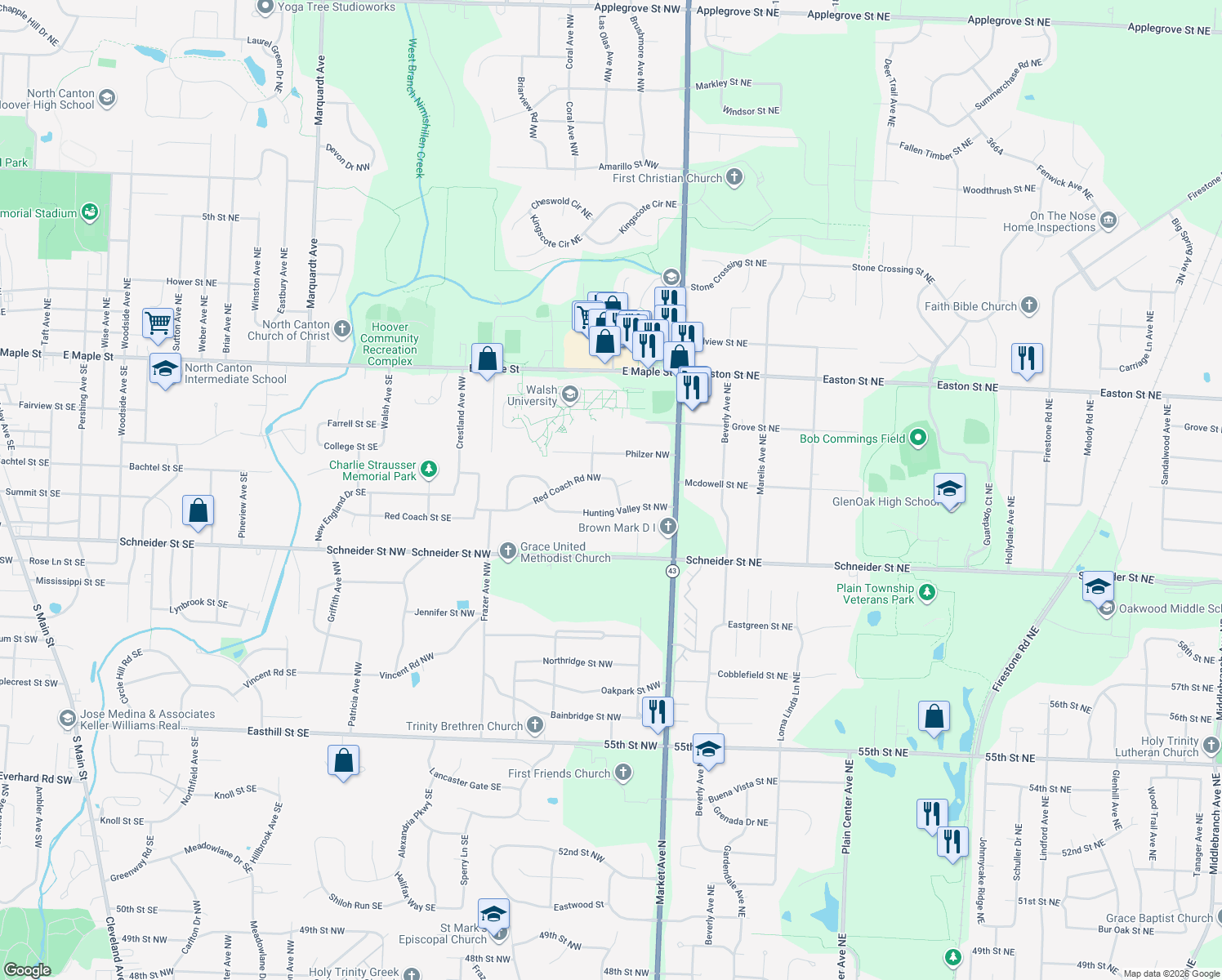 map of restaurants, bars, coffee shops, grocery stores, and more near 2110 Red Coach Road Northwest in North Canton