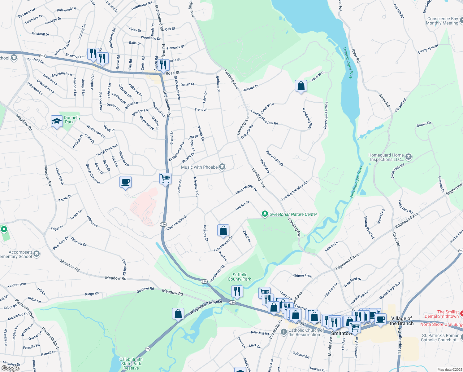 map of restaurants, bars, coffee shops, grocery stores, and more near 5 Neil Drive in Smithtown
