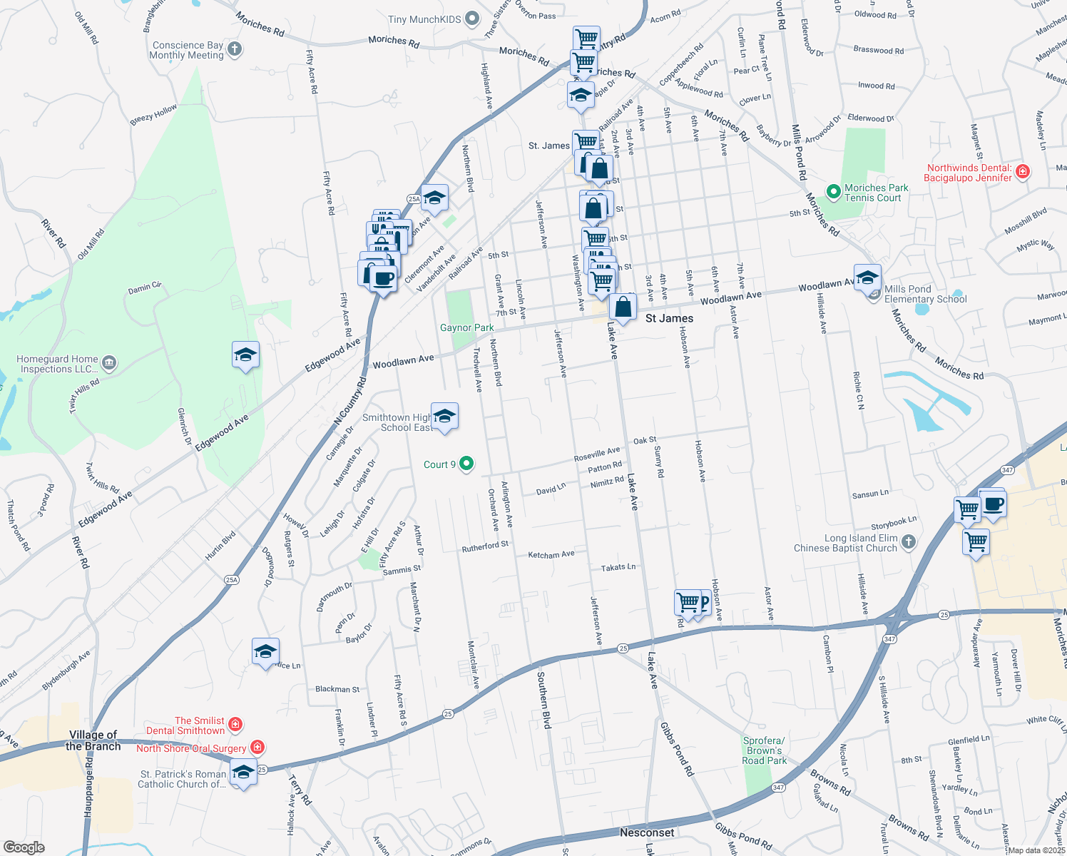map of restaurants, bars, coffee shops, grocery stores, and more near 16 Wexford Court in Saint James