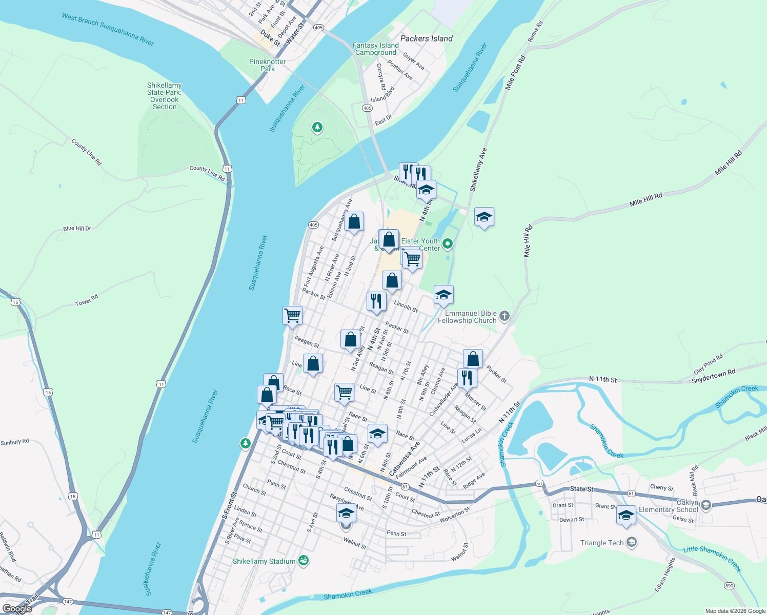 map of restaurants, bars, coffee shops, grocery stores, and more near 835 North 4th Street in Sunbury
