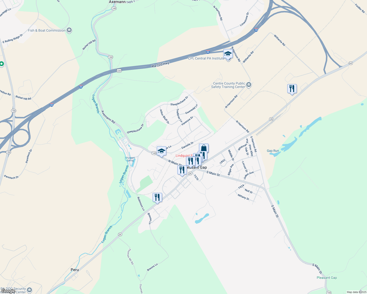 map of restaurants, bars, coffee shops, grocery stores, and more near 114 Danielle Drive in Bellefonte