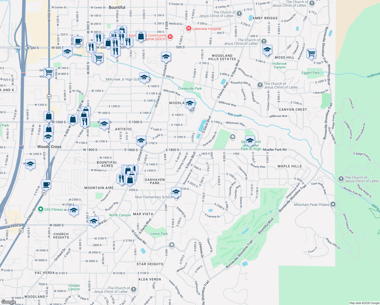 map of restaurants, bars, coffee shops, grocery stores, and more near 630 East 1800 South in Bountiful