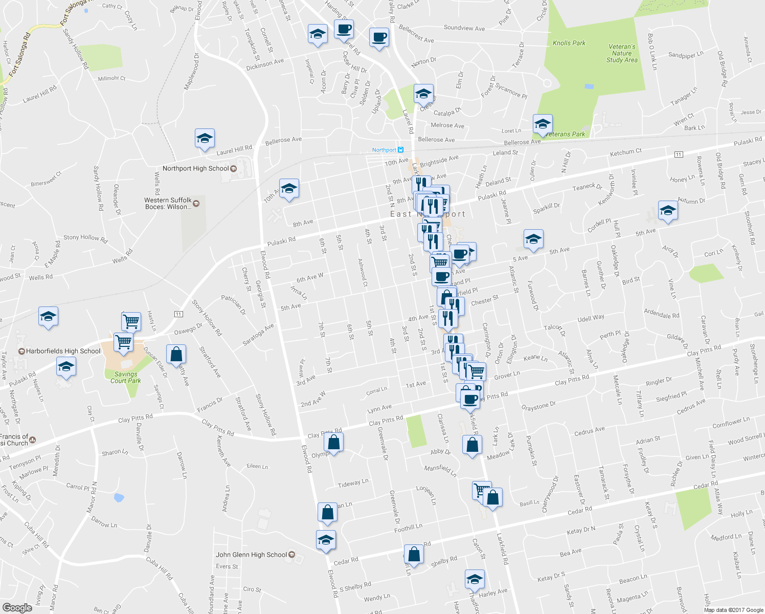 map of restaurants, bars, coffee shops, grocery stores, and more near 415 4th Street in East Northport