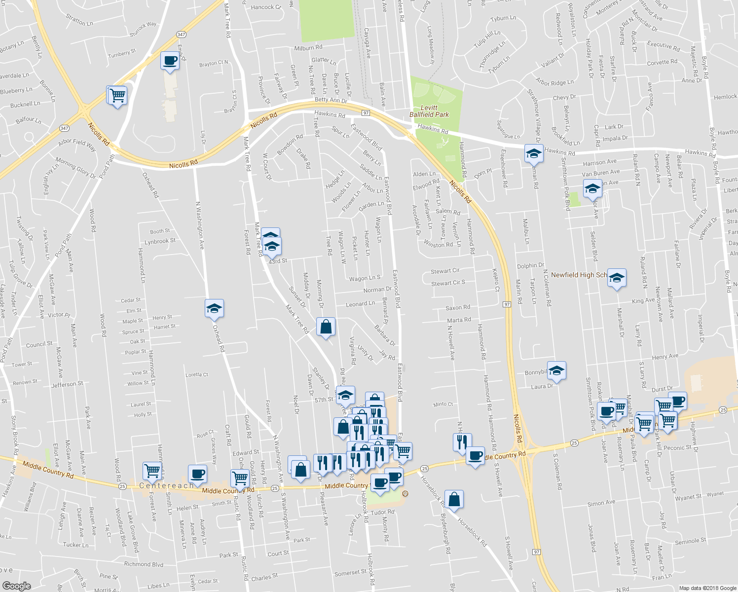 map of restaurants, bars, coffee shops, grocery stores, and more near 8-12 Leonard Lane in Centereach
