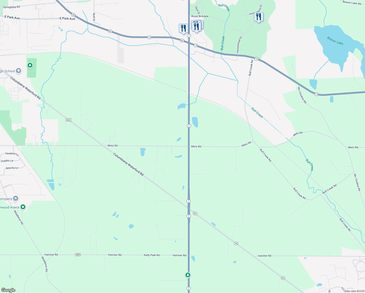 map of restaurants, bars, coffee shops, grocery stores, and more near 44917 Metz Road in Columbiana
