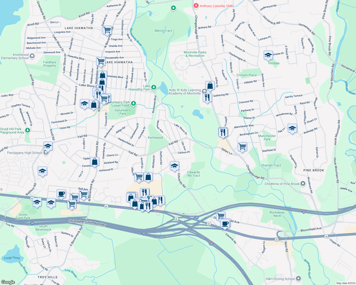 map of restaurants, bars, coffee shops, grocery stores, and more near 30 Vail Road in Parsippany-Troy Hills