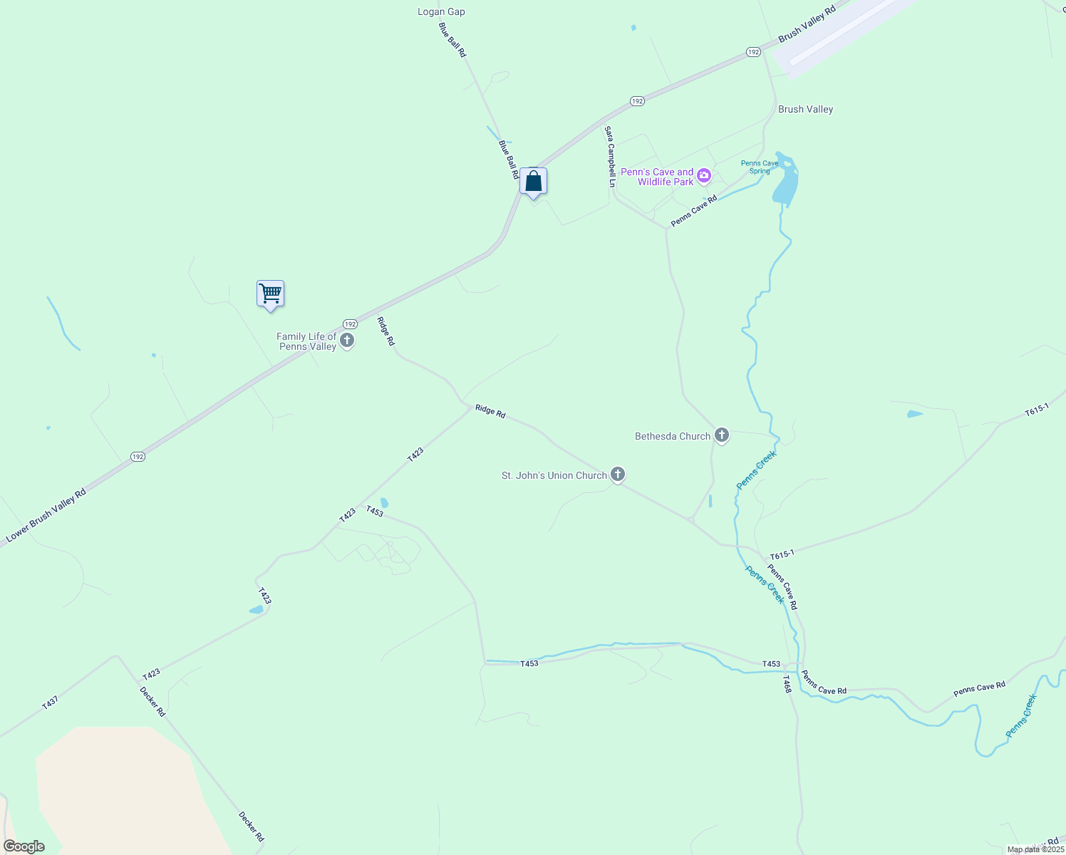 map of restaurants, bars, coffee shops, grocery stores, and more near Ridge Road in Spring Mills
