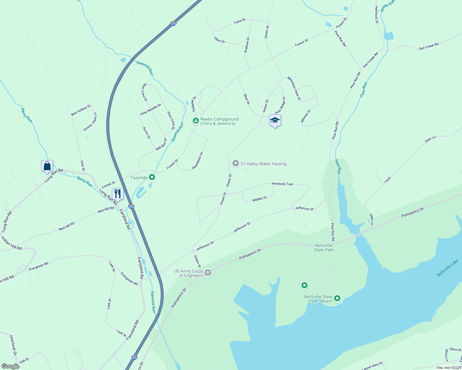 map of restaurants, bars, coffee shops, grocery stores, and more near 735 Green Street in Lehighton