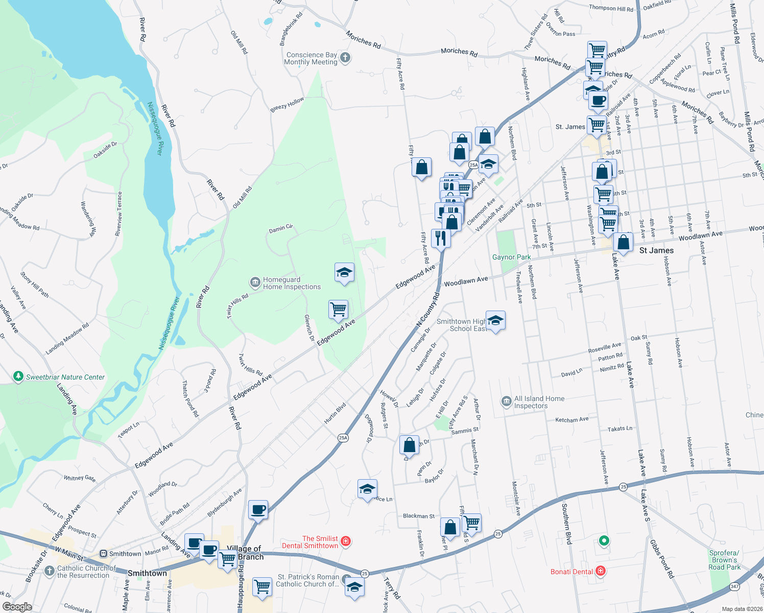 map of restaurants, bars, coffee shops, grocery stores, and more near 1 Tusa Court in Saint James