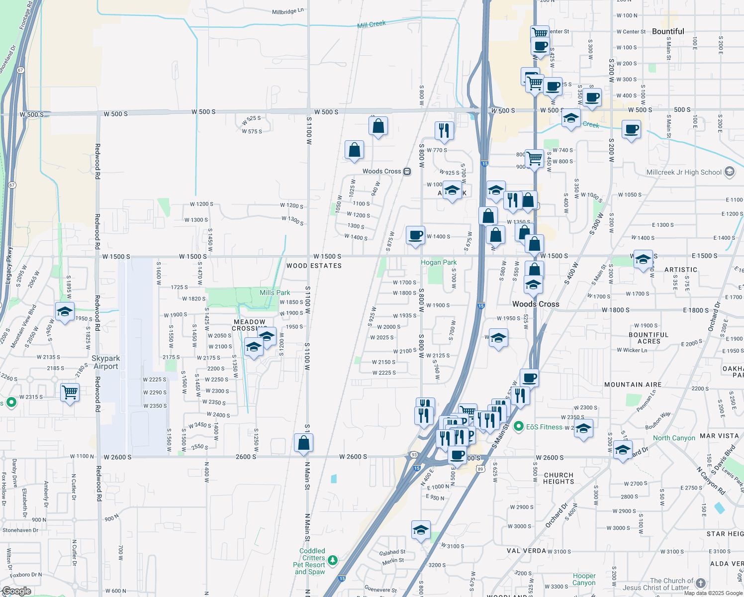 map of restaurants, bars, coffee shops, grocery stores, and more near 1832 S 925 W in Woods Cross