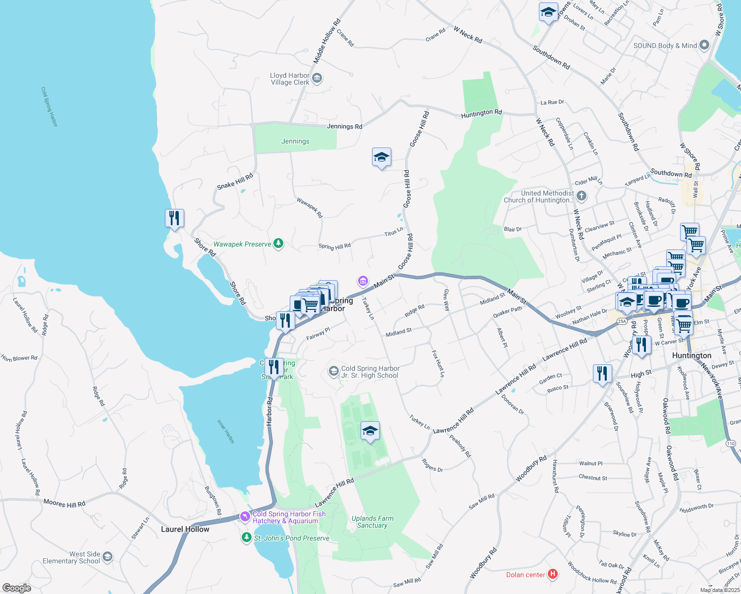 map of restaurants, bars, coffee shops, grocery stores, and more near 246 Main St in Cold Spring Harbor