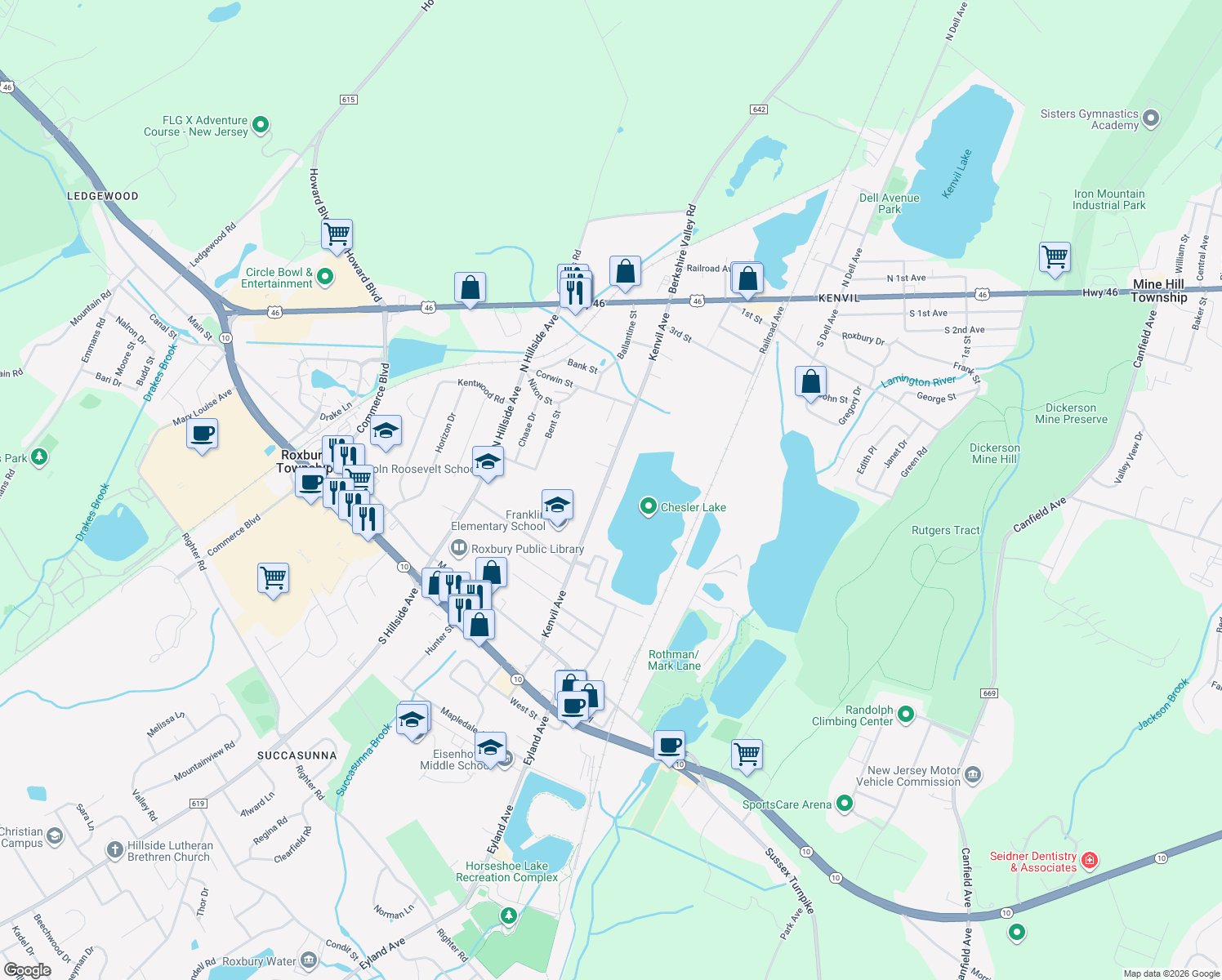 map of restaurants, bars, coffee shops, grocery stores, and more near 63 Kenvil Avenue in Roxbury Township