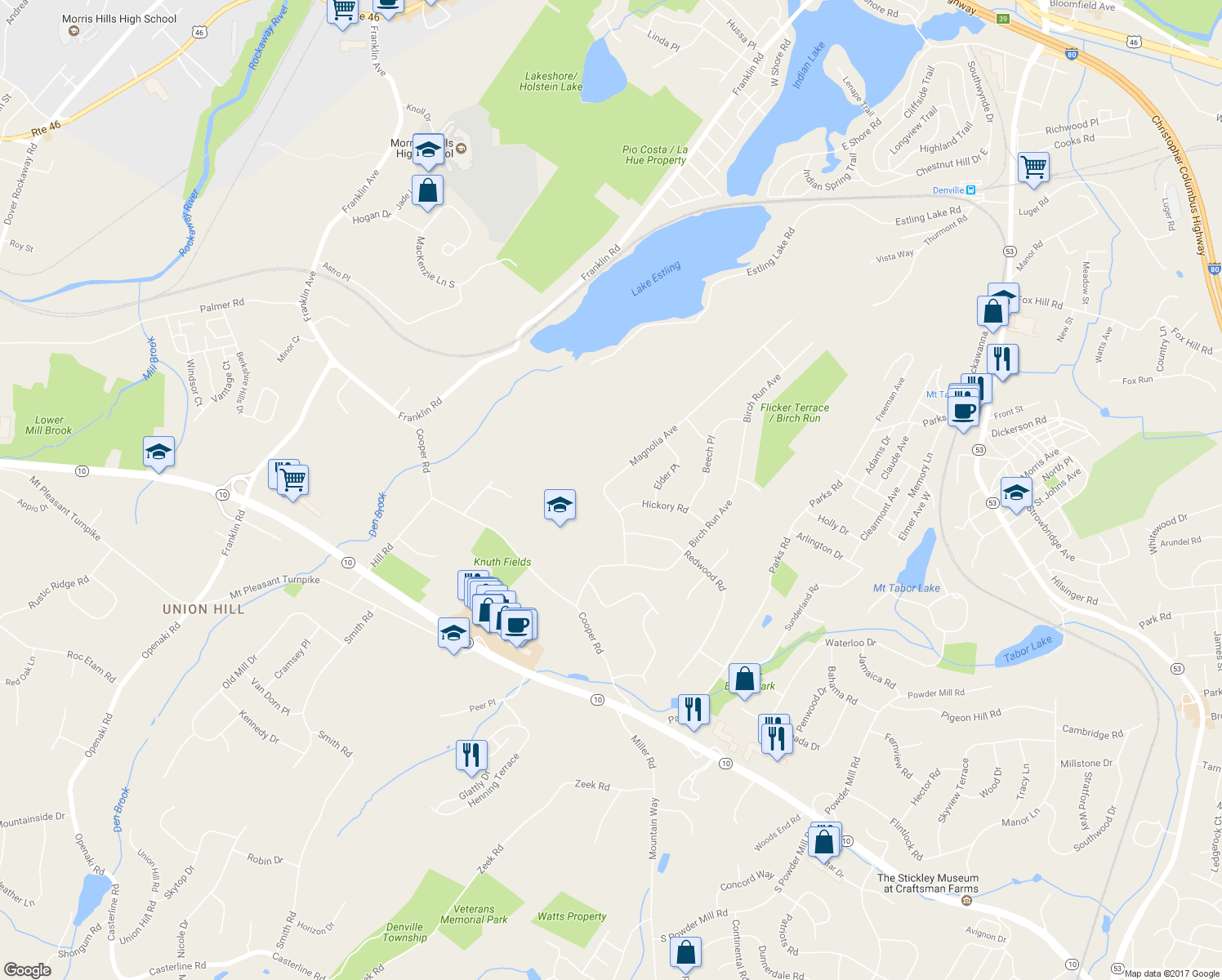 map of restaurants, bars, coffee shops, grocery stores, and more near 12 Magnolia Avenue in Denville