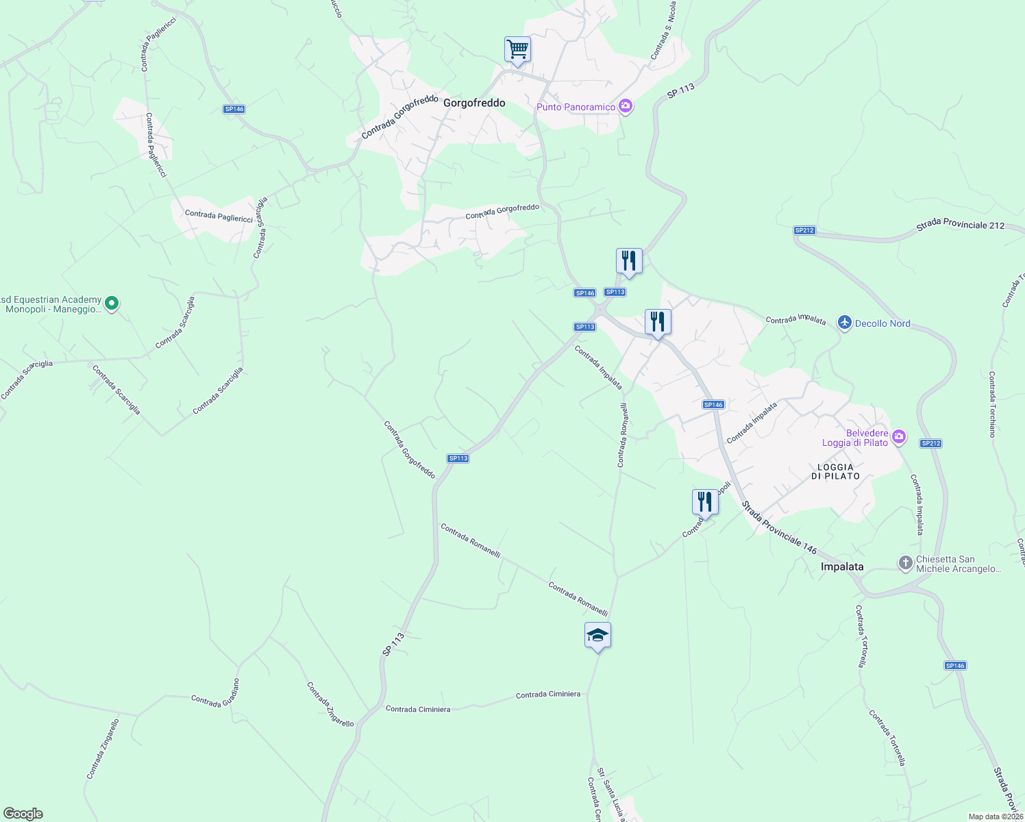 map of restaurants, bars, coffee shops, grocery stores, and more near 230 Contrada Gorgofreddo in Città Metropolitana di Bari