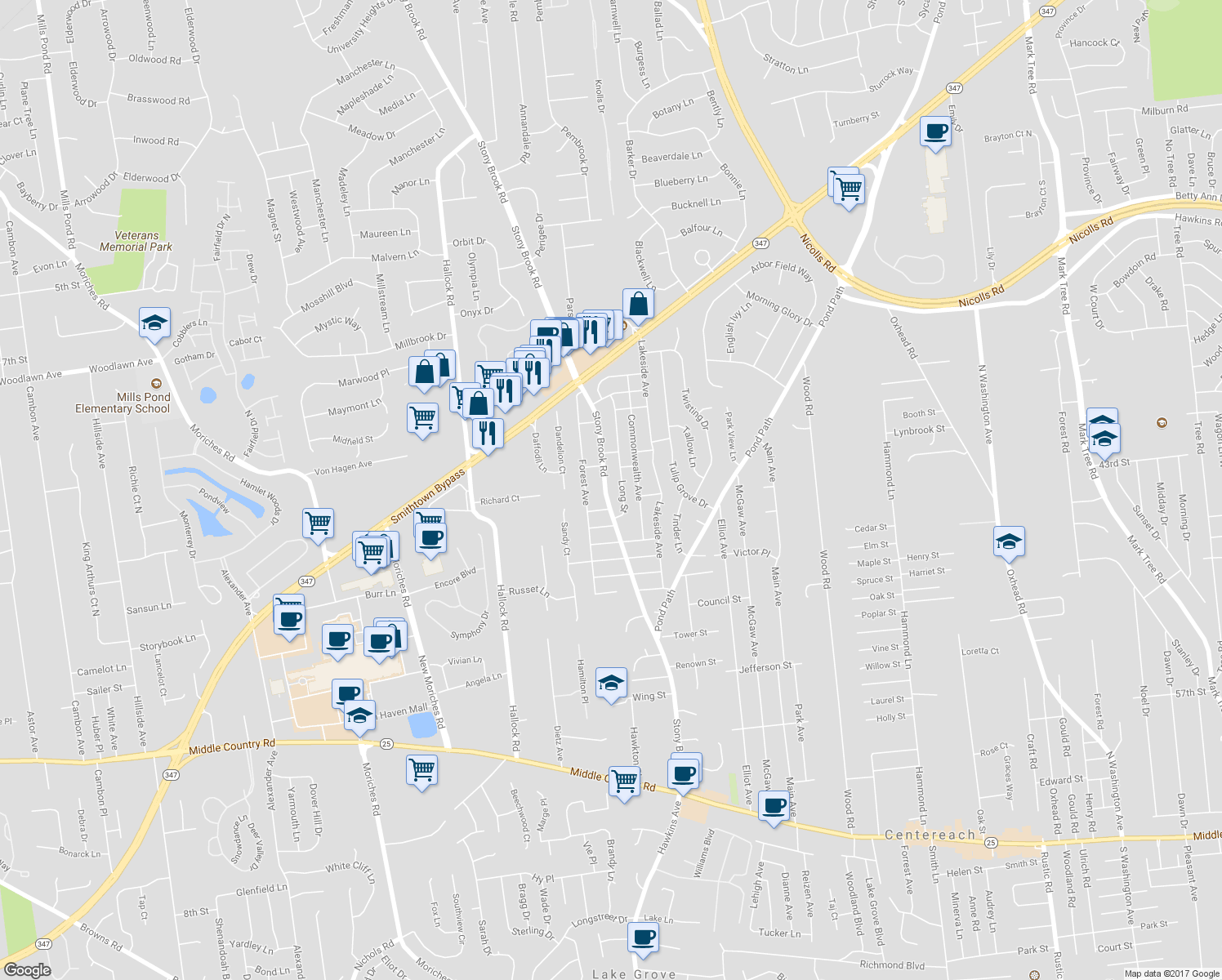 map of restaurants, bars, coffee shops, grocery stores, and more near 1225 Stony Brook Road in Lake Grove