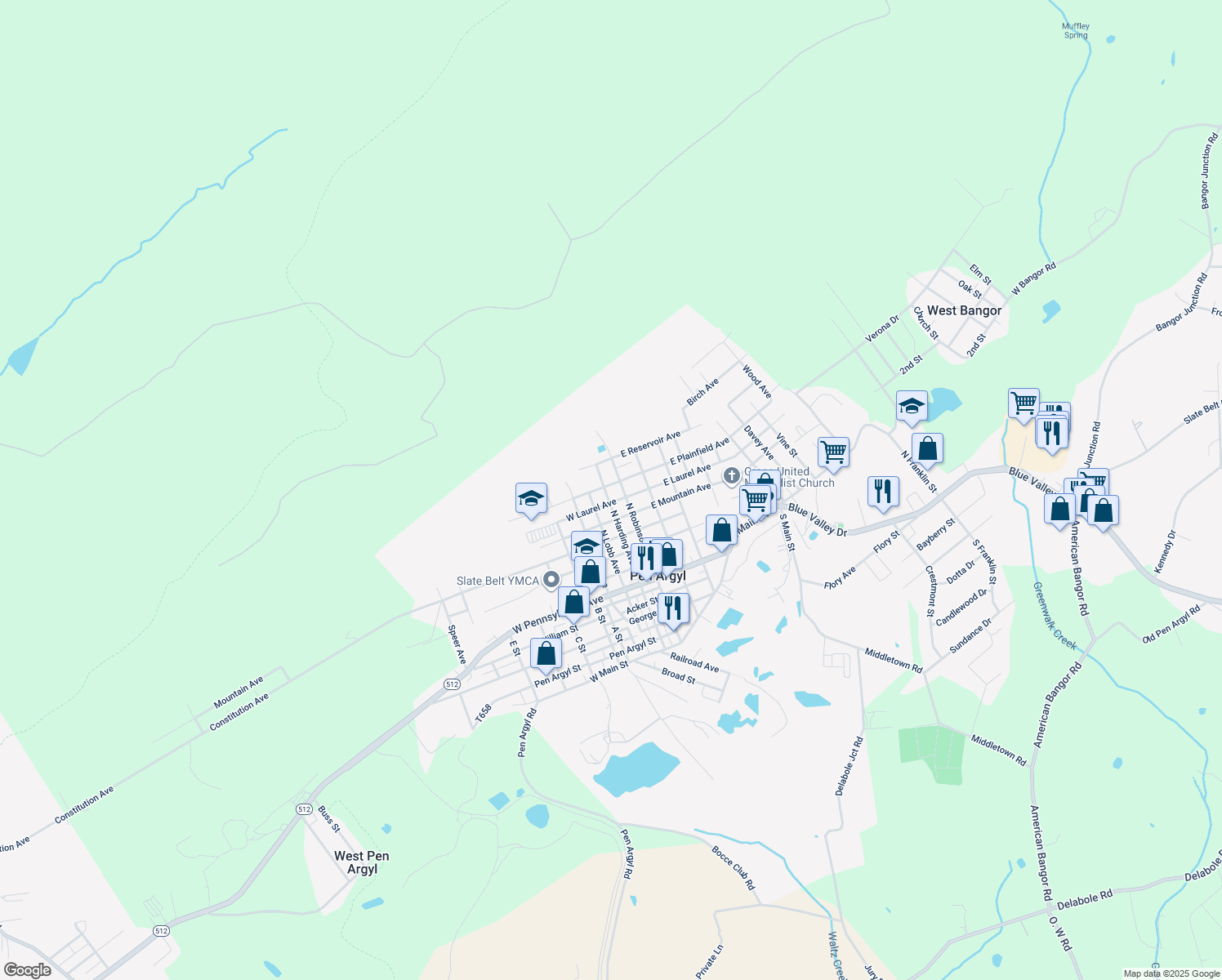 map of restaurants, bars, coffee shops, grocery stores, and more near 8 West Plainfield Avenue in Pen Argyl