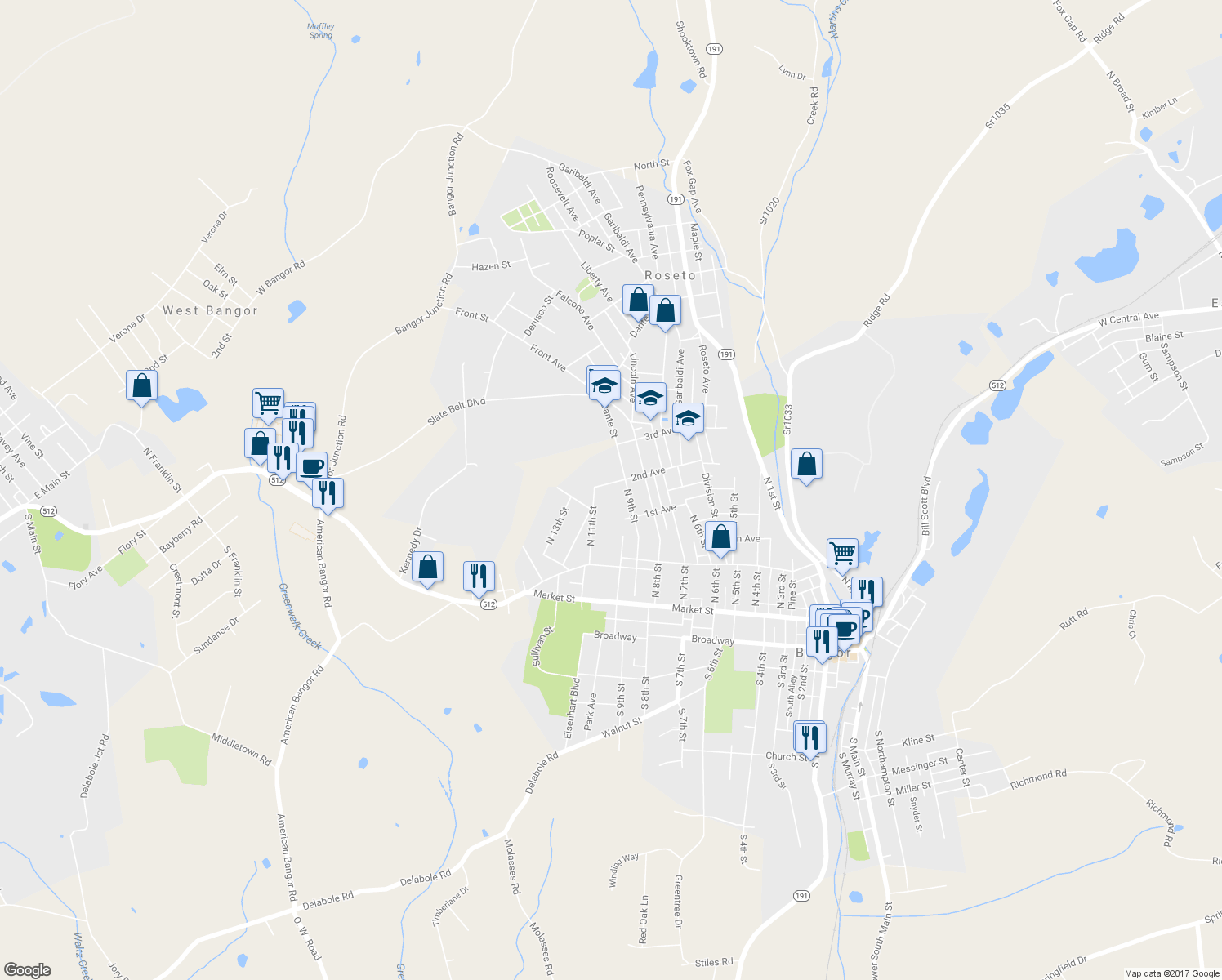 map of restaurants, bars, coffee shops, grocery stores, and more near 908 2nd Avenue in Bangor
