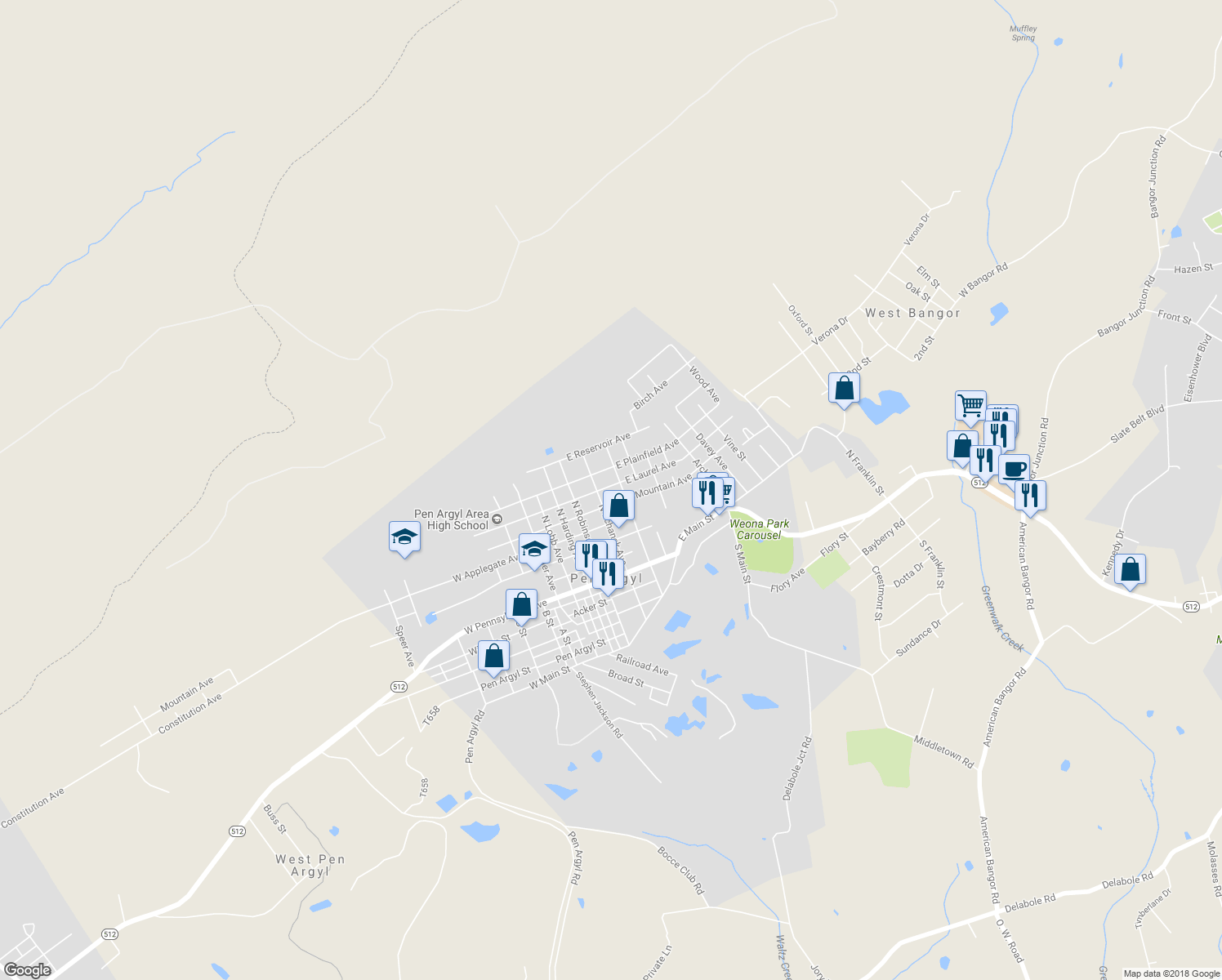 map of restaurants, bars, coffee shops, grocery stores, and more near 118 East Laurel Avenue in Pen Argyl