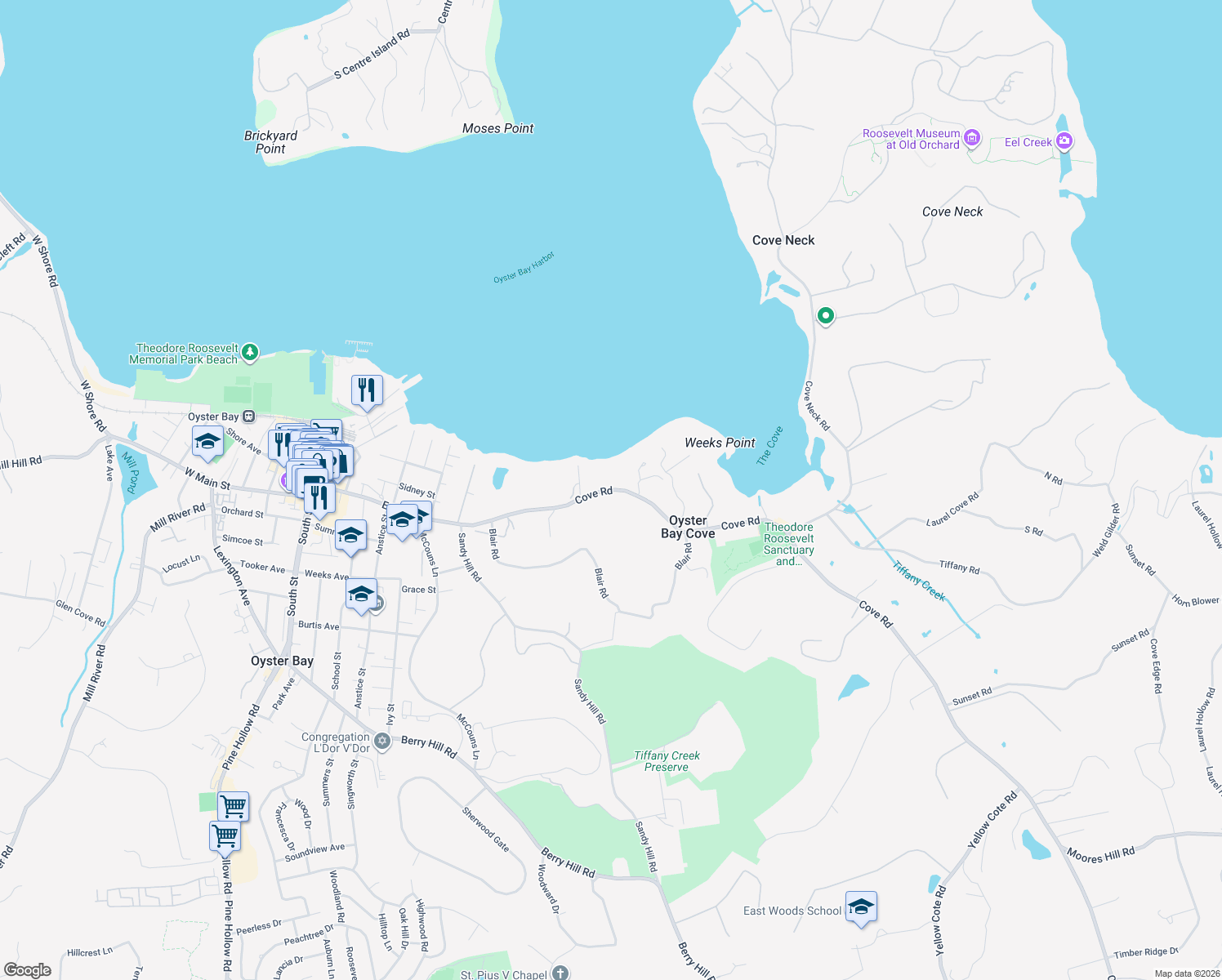 map of restaurants, bars, coffee shops, grocery stores, and more near 74 Cove Road in Oyster Bay