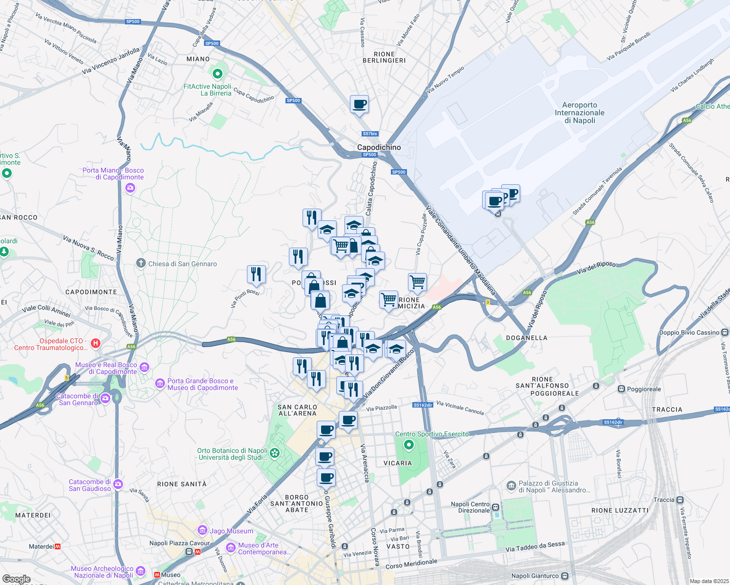 map of restaurants, bars, coffee shops, grocery stores, and more near Via Salve d'Esposito in Naples