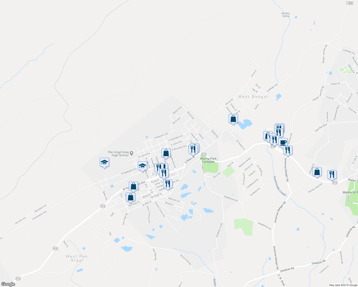 map of restaurants, bars, coffee shops, grocery stores, and more near 404 East Laurel Avenue in Pen Argyl