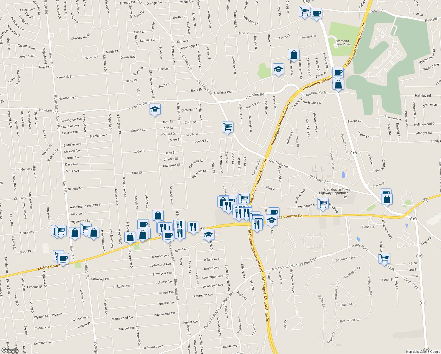 map of restaurants, bars, coffee shops, grocery stores, and more near 35 Adamson Street in Selden