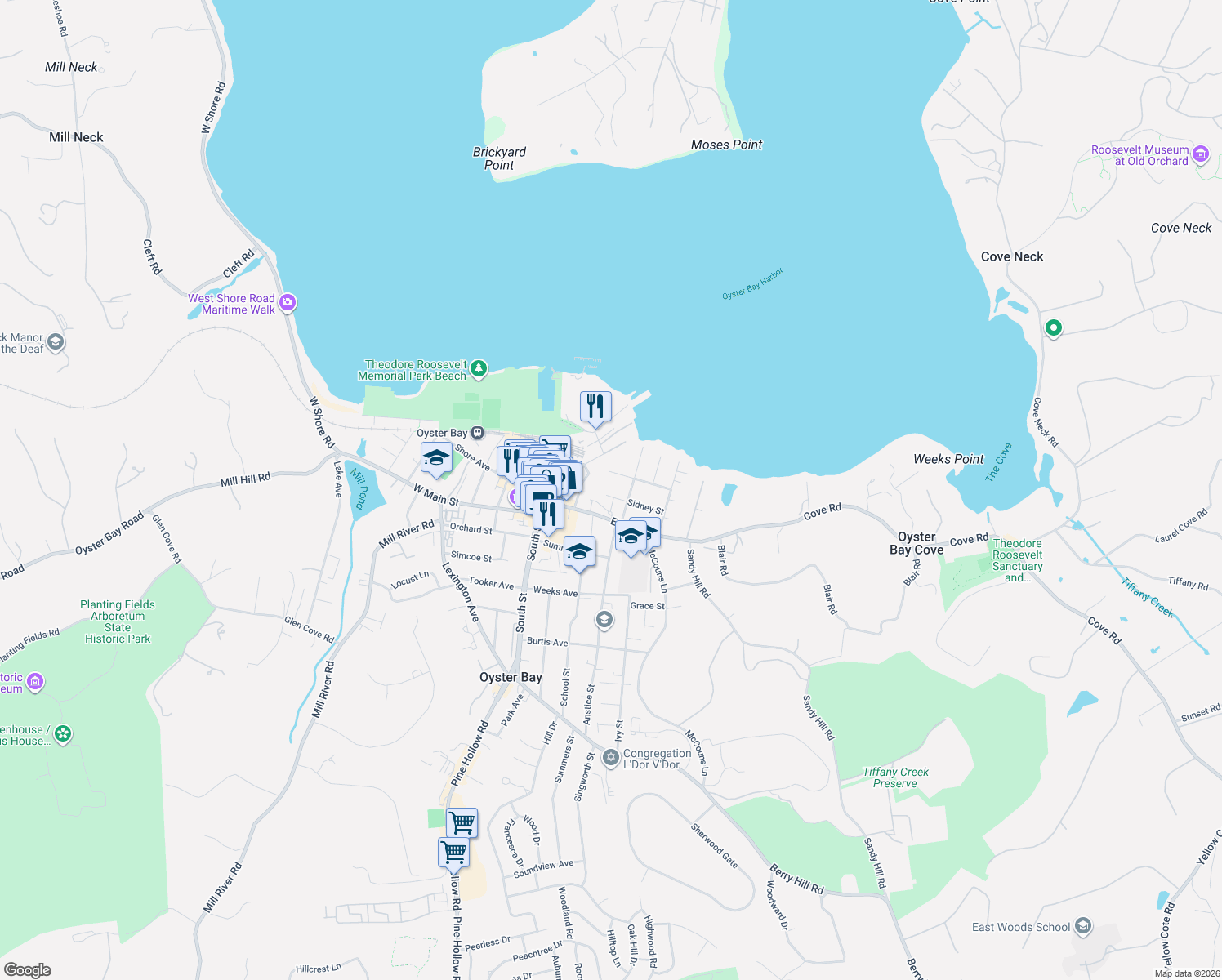 map of restaurants, bars, coffee shops, grocery stores, and more near 107 Sidney St in Oyster Bay