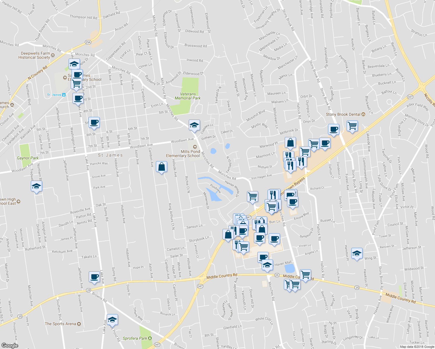 map of restaurants, bars, coffee shops, grocery stores, and more near 53 Hamlet Woods Drive in Saint James