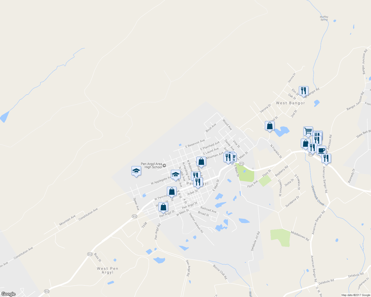 map of restaurants, bars, coffee shops, grocery stores, and more near 620 North Robinson Avenue in Pen Argyl