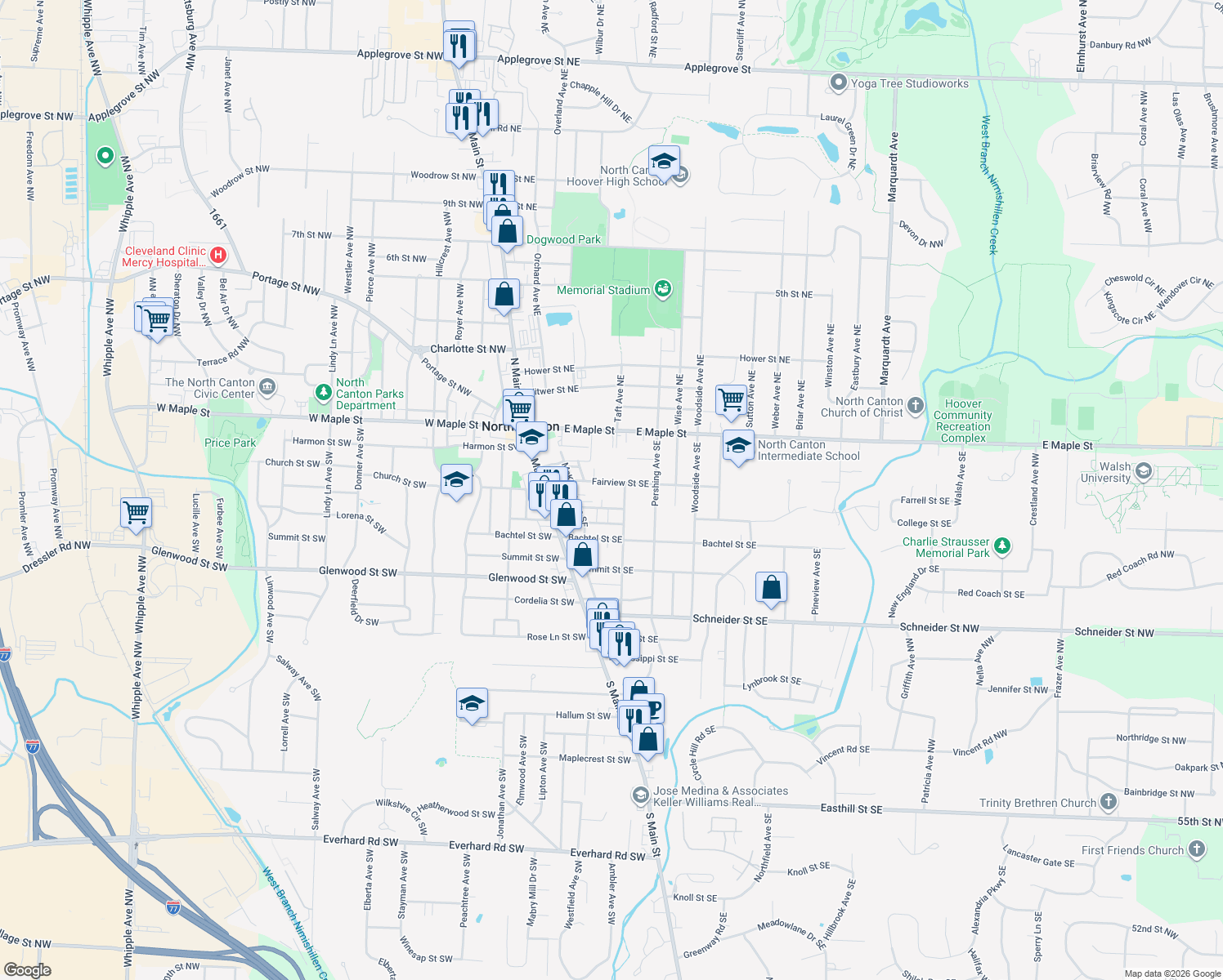 map of restaurants, bars, coffee shops, grocery stores, and more near 328 Fairview Street Southeast in North Canton