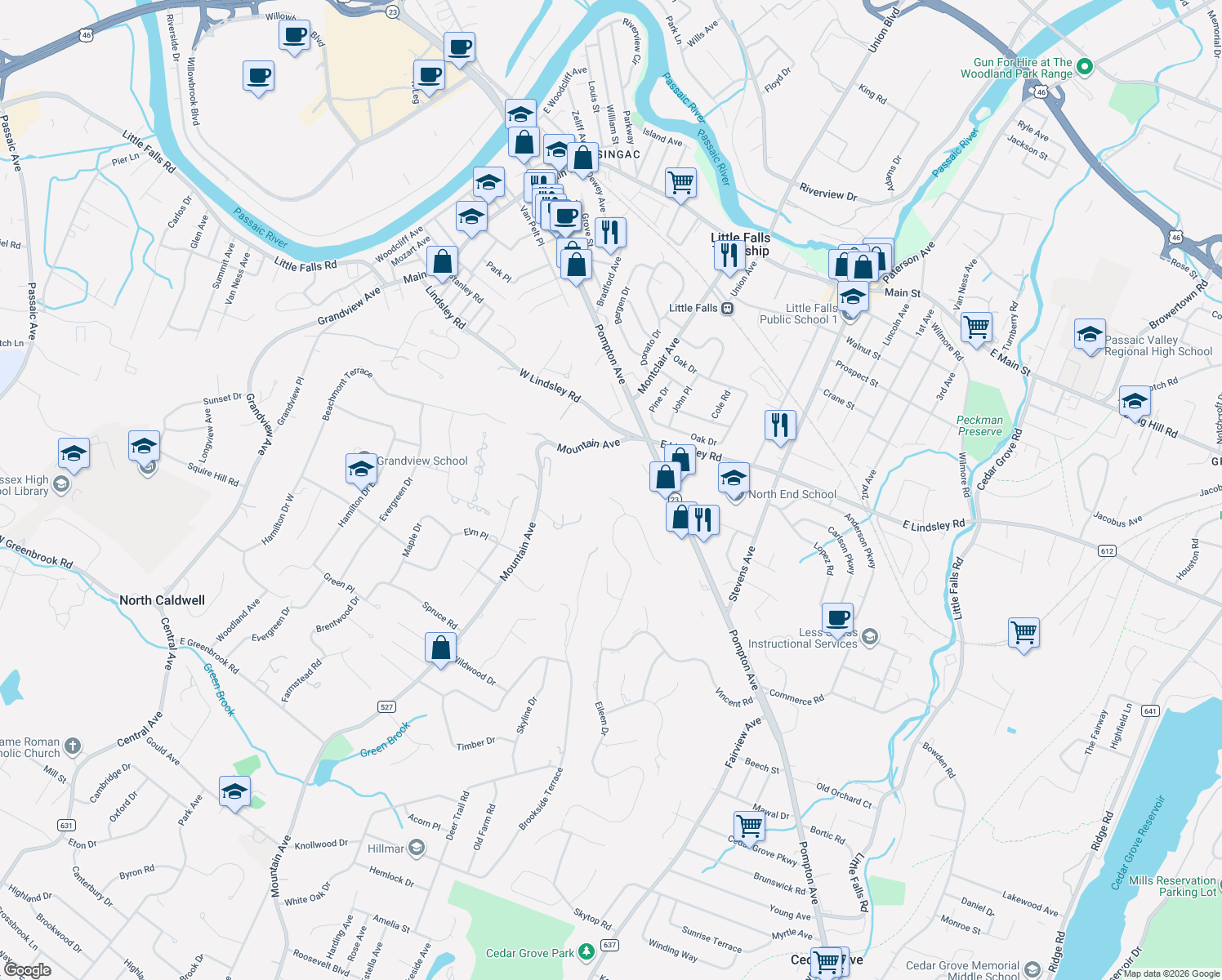 map of restaurants, bars, coffee shops, grocery stores, and more near 11 Jennie Ct in Cedar Grove