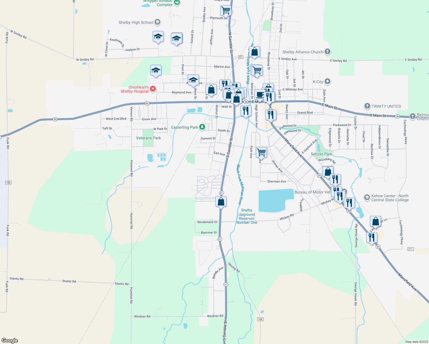 map of restaurants, bars, coffee shops, grocery stores, and more near 12 Ray Rd in Shelby