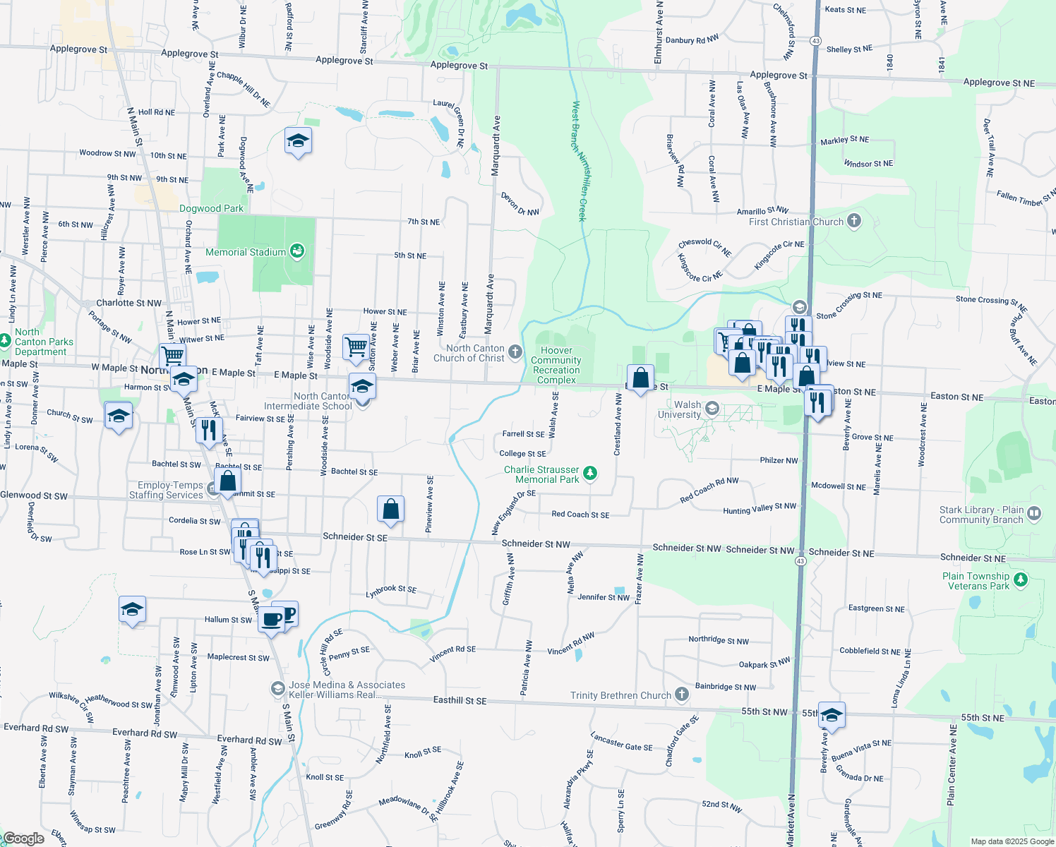 map of restaurants, bars, coffee shops, grocery stores, and more near 163 Kandel Circle Southeast in North Canton