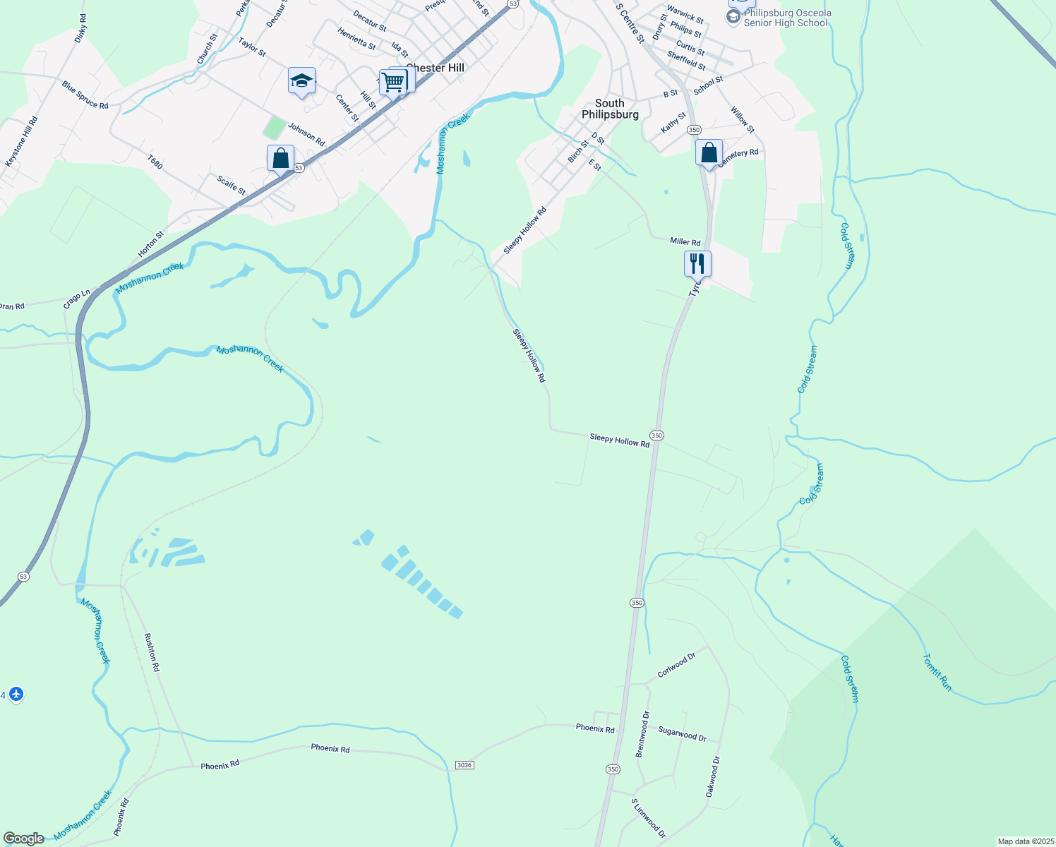 map of restaurants, bars, coffee shops, grocery stores, and more near 675 Sleepy Hollow Road in Philipsburg