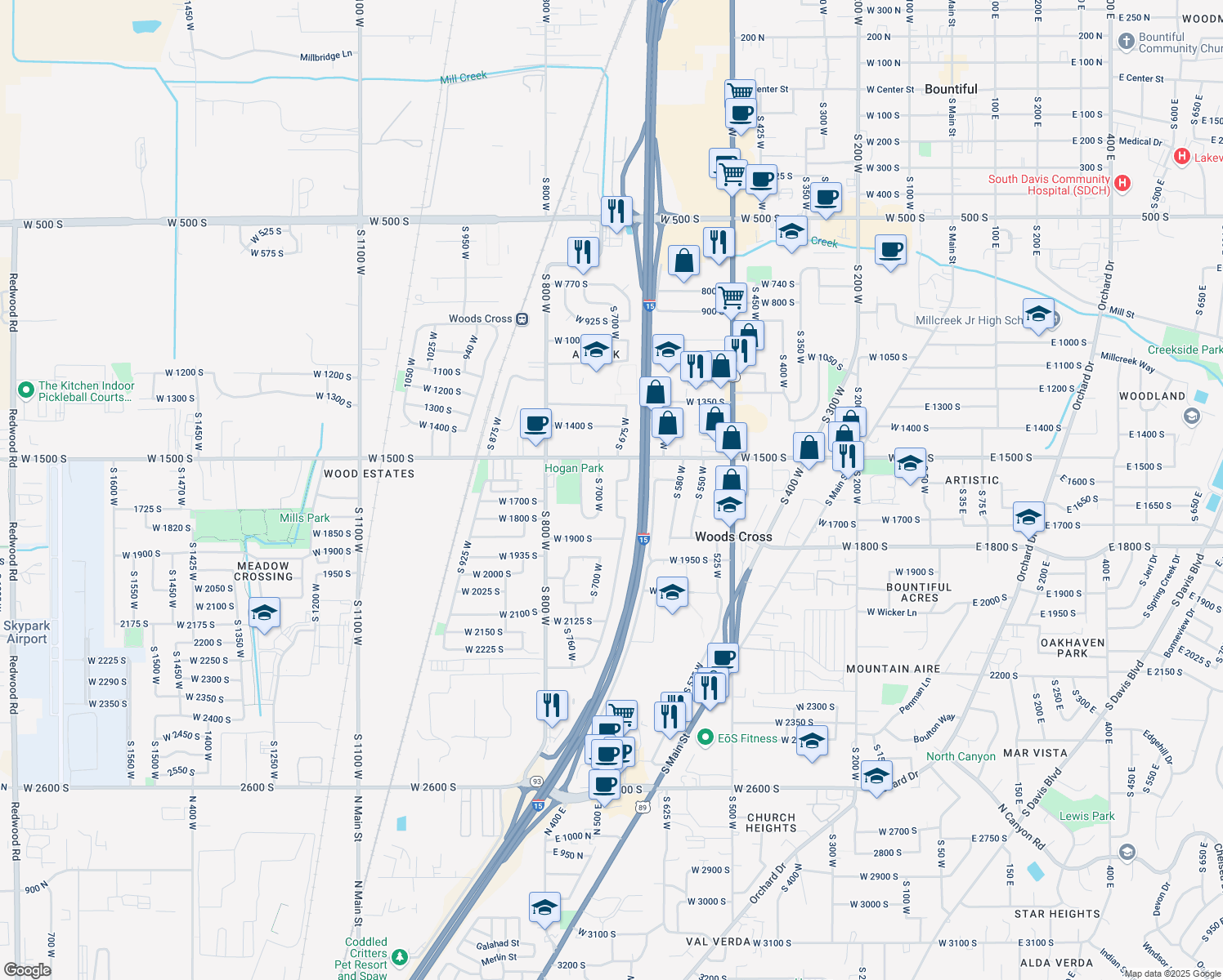 map of restaurants, bars, coffee shops, grocery stores, and more near 1654 Sorrento Drive in Woods Cross