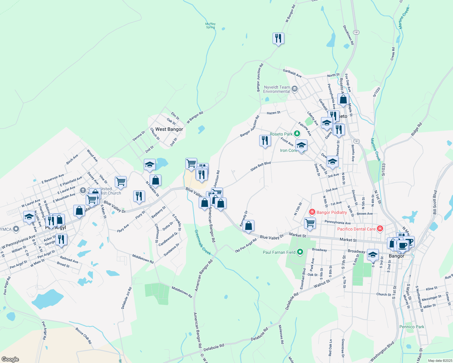 map of restaurants, bars, coffee shops, grocery stores, and more near 812 Slate Belt Boulevard in Bangor