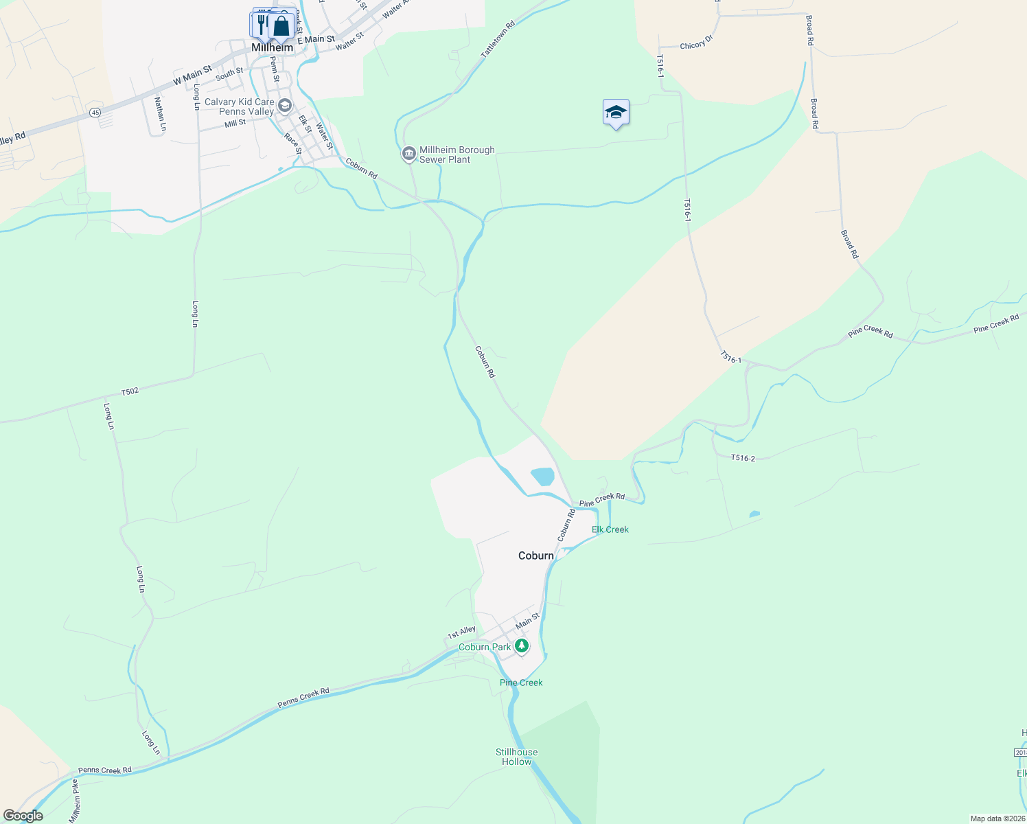 map of restaurants, bars, coffee shops, grocery stores, and more near State Route 2011 in Coburn