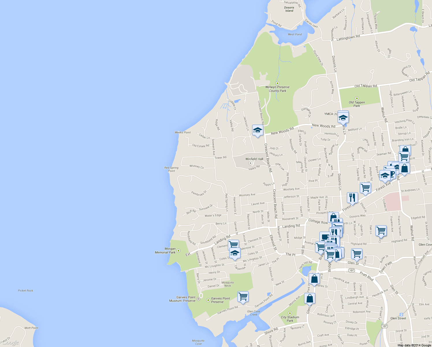 map of restaurants, bars, coffee shops, grocery stores, and more near 110 Red Spring Lane in Glen Cove