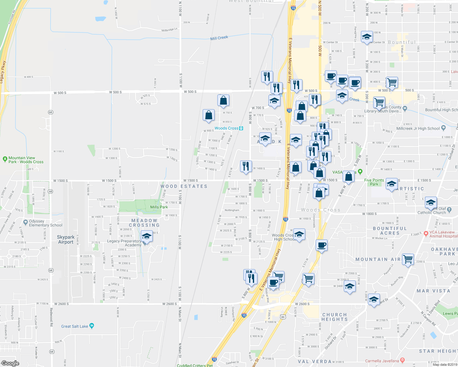 map of restaurants, bars, coffee shops, grocery stores, and more near 1523 South 870 West in Woods Cross