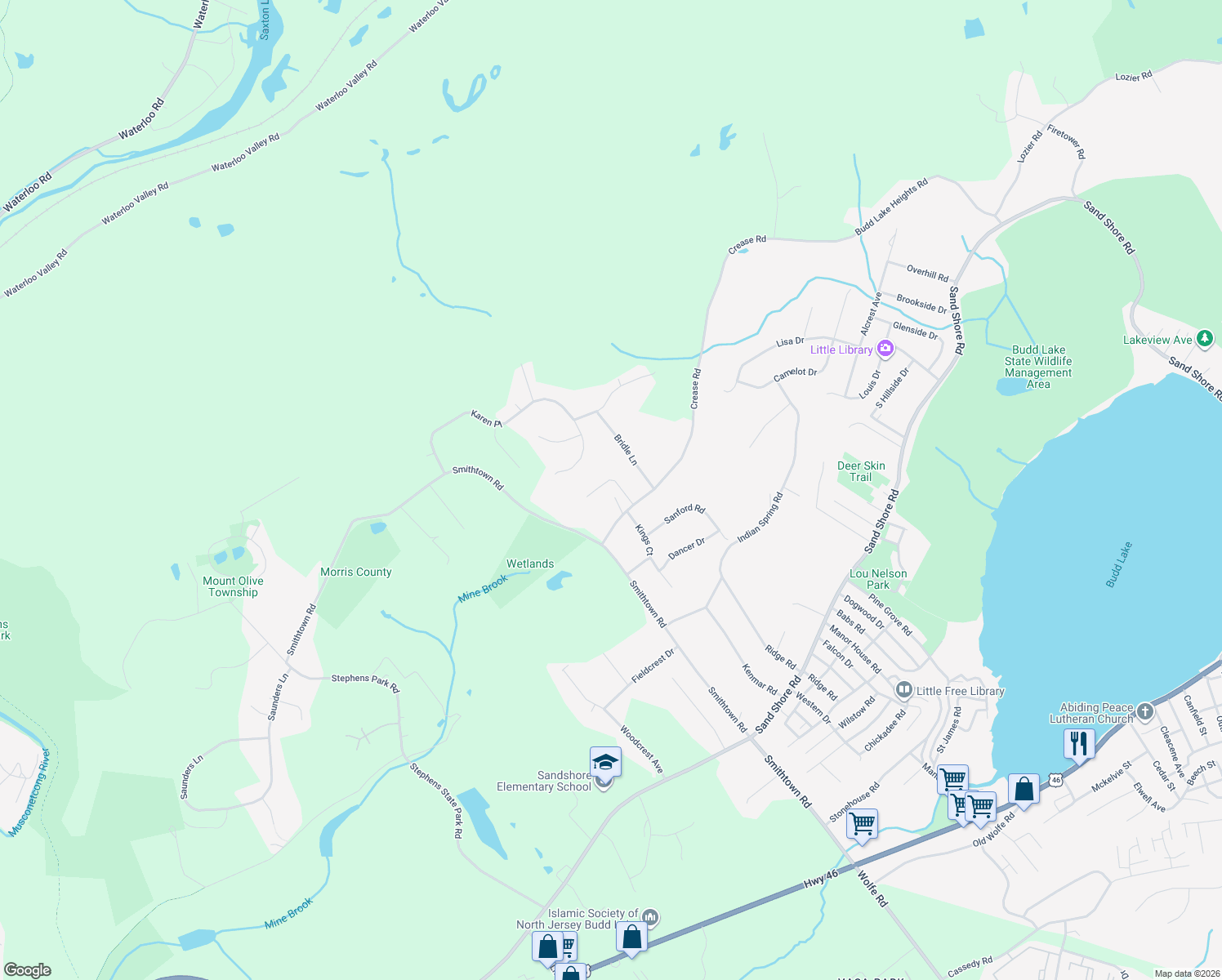 map of restaurants, bars, coffee shops, grocery stores, and more near 28 Cedar Manor Court in Mount Olive Township