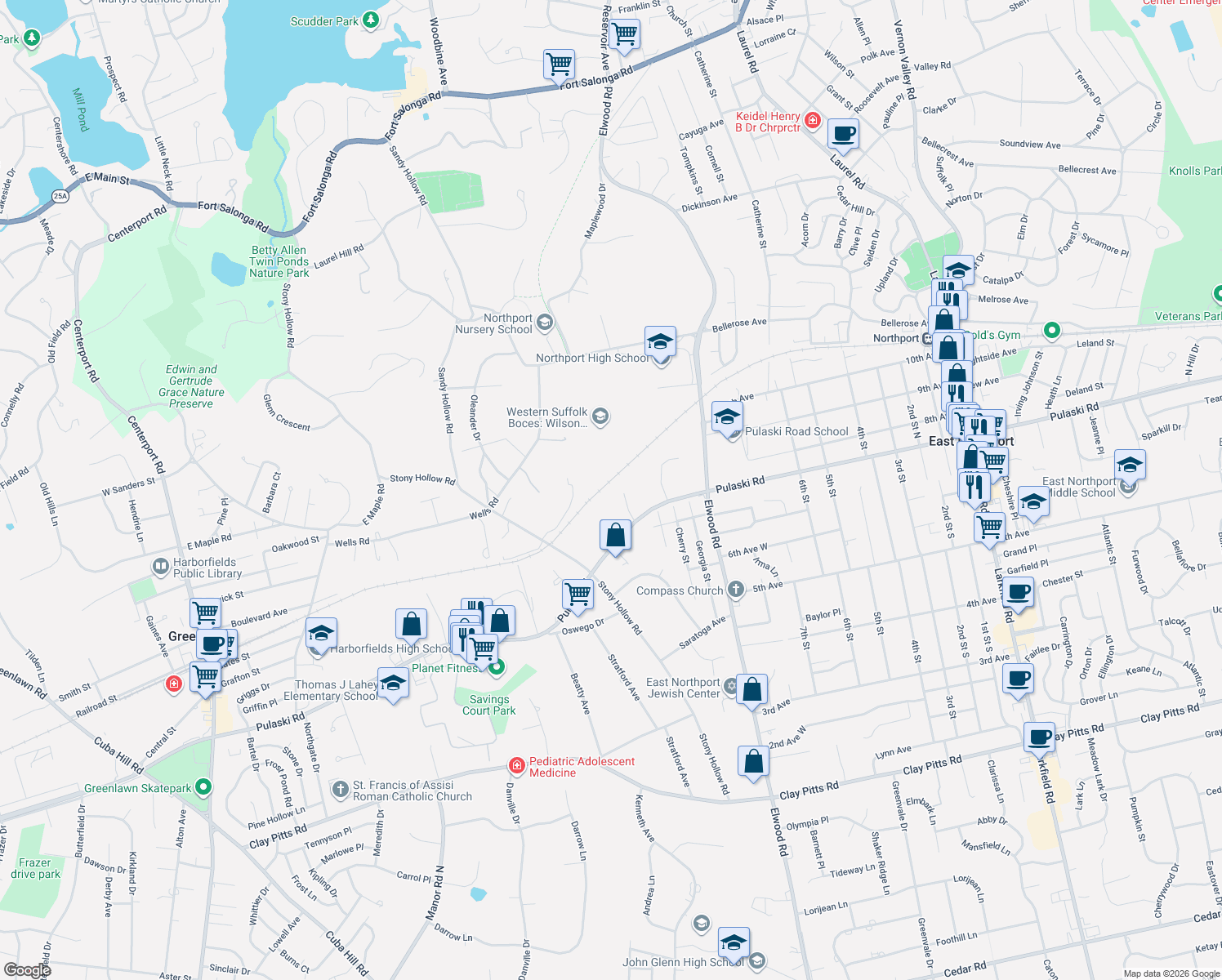 map of restaurants, bars, coffee shops, grocery stores, and more near 7 Stony Hollow Court in Greenlawn
