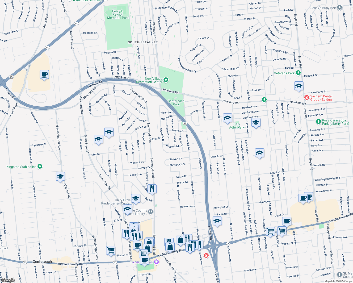 map of restaurants, bars, coffee shops, grocery stores, and more near 15 Towne Lane in Centereach