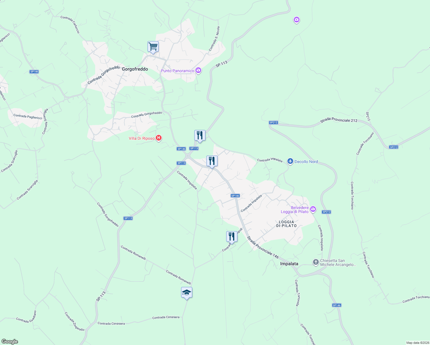 map of restaurants, bars, coffee shops, grocery stores, and more near 312 Contrada Impalata in Impalata