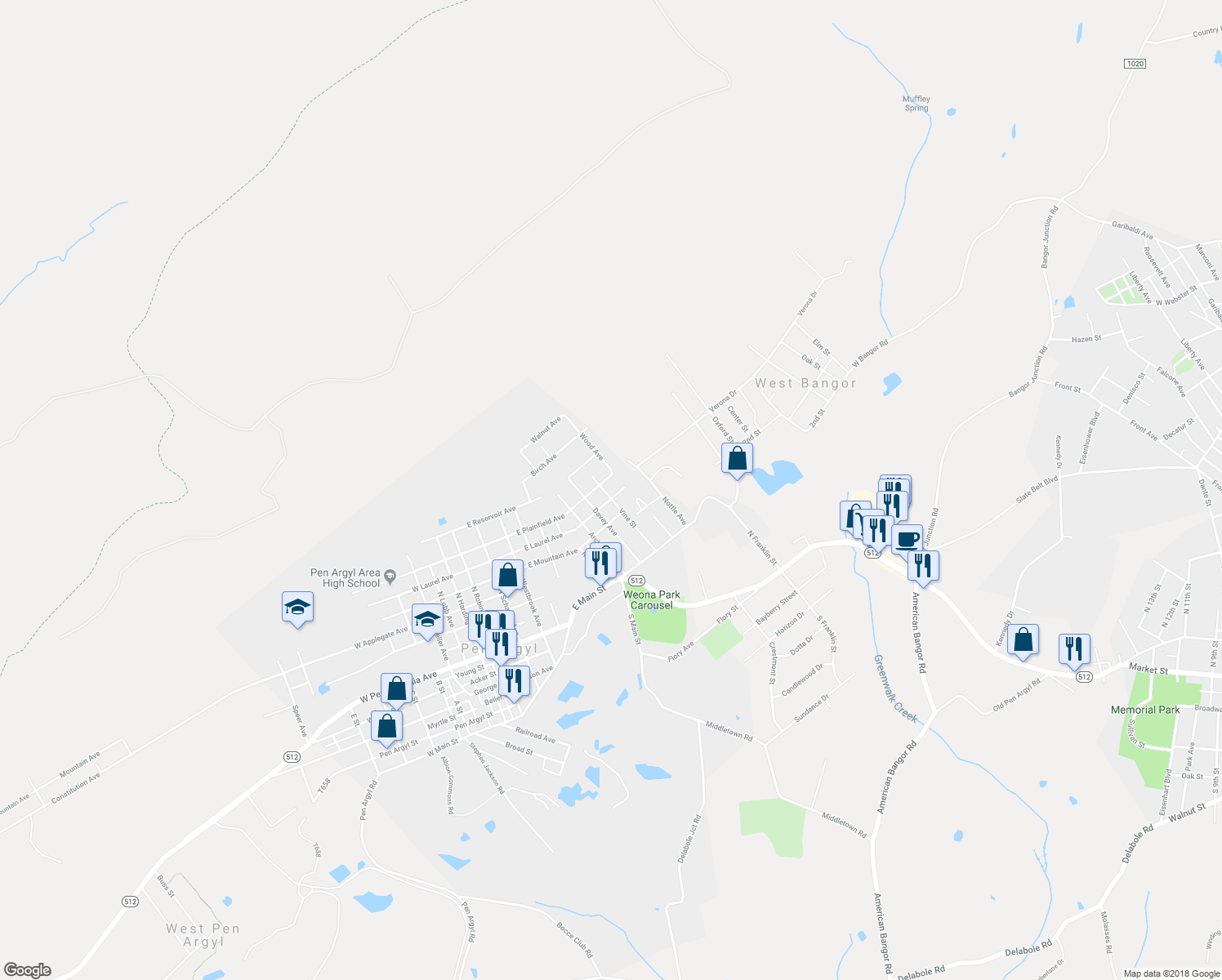 map of restaurants, bars, coffee shops, grocery stores, and more near 500 Vine Street in Pen Argyl