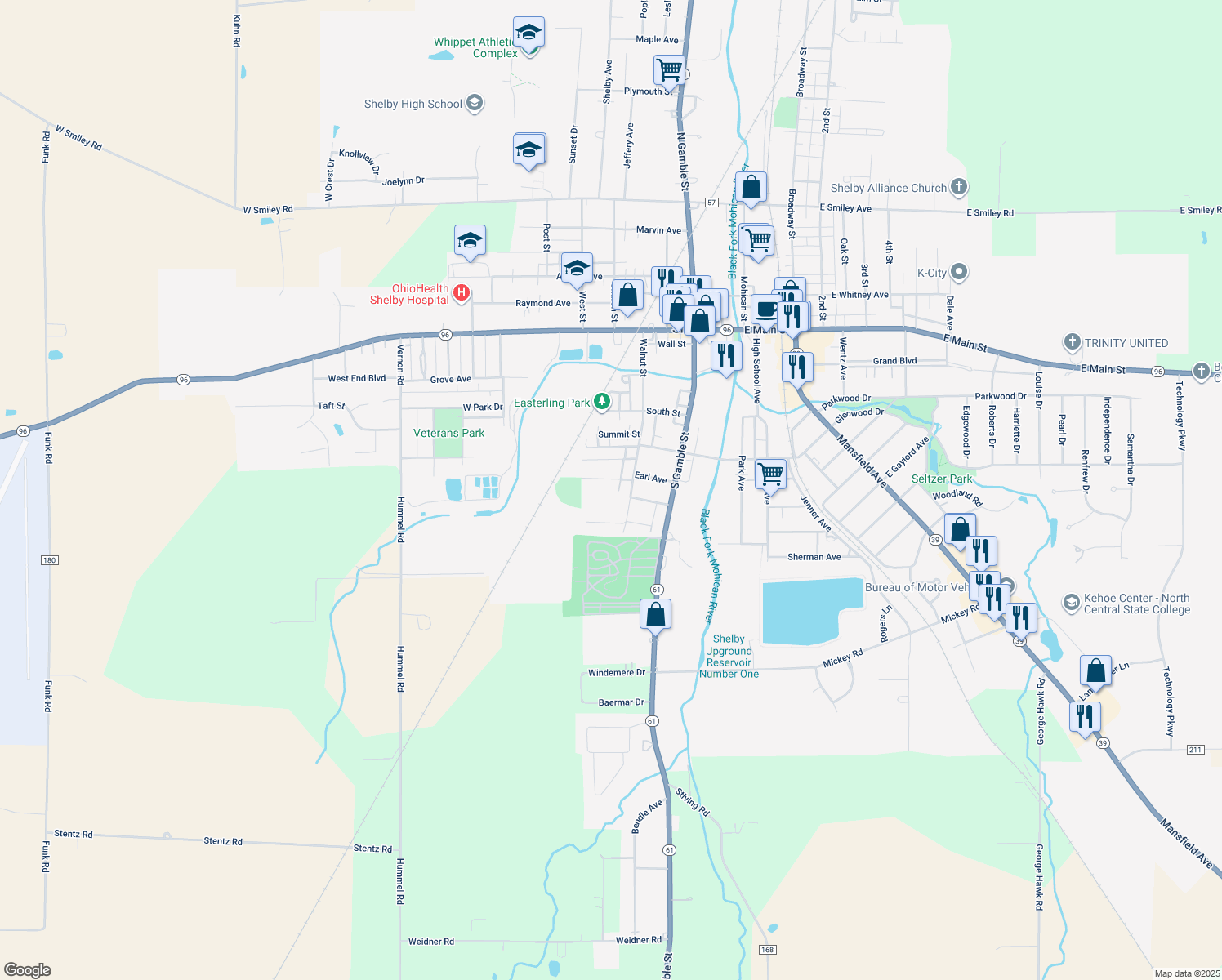 map of restaurants, bars, coffee shops, grocery stores, and more near 18 Earl Ave in Shelby