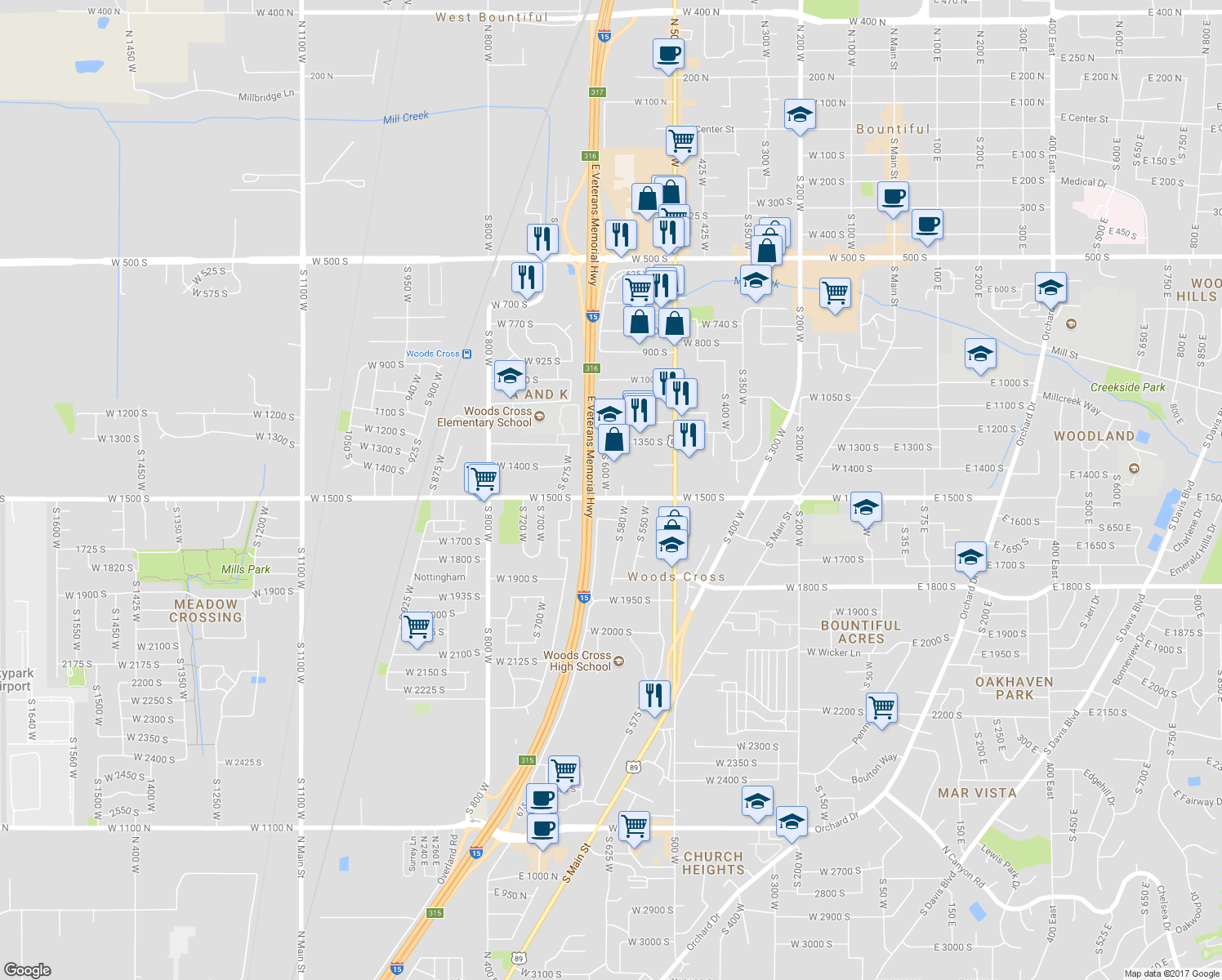 map of restaurants, bars, coffee shops, grocery stores, and more near 596 West 1500 South in Woods Cross